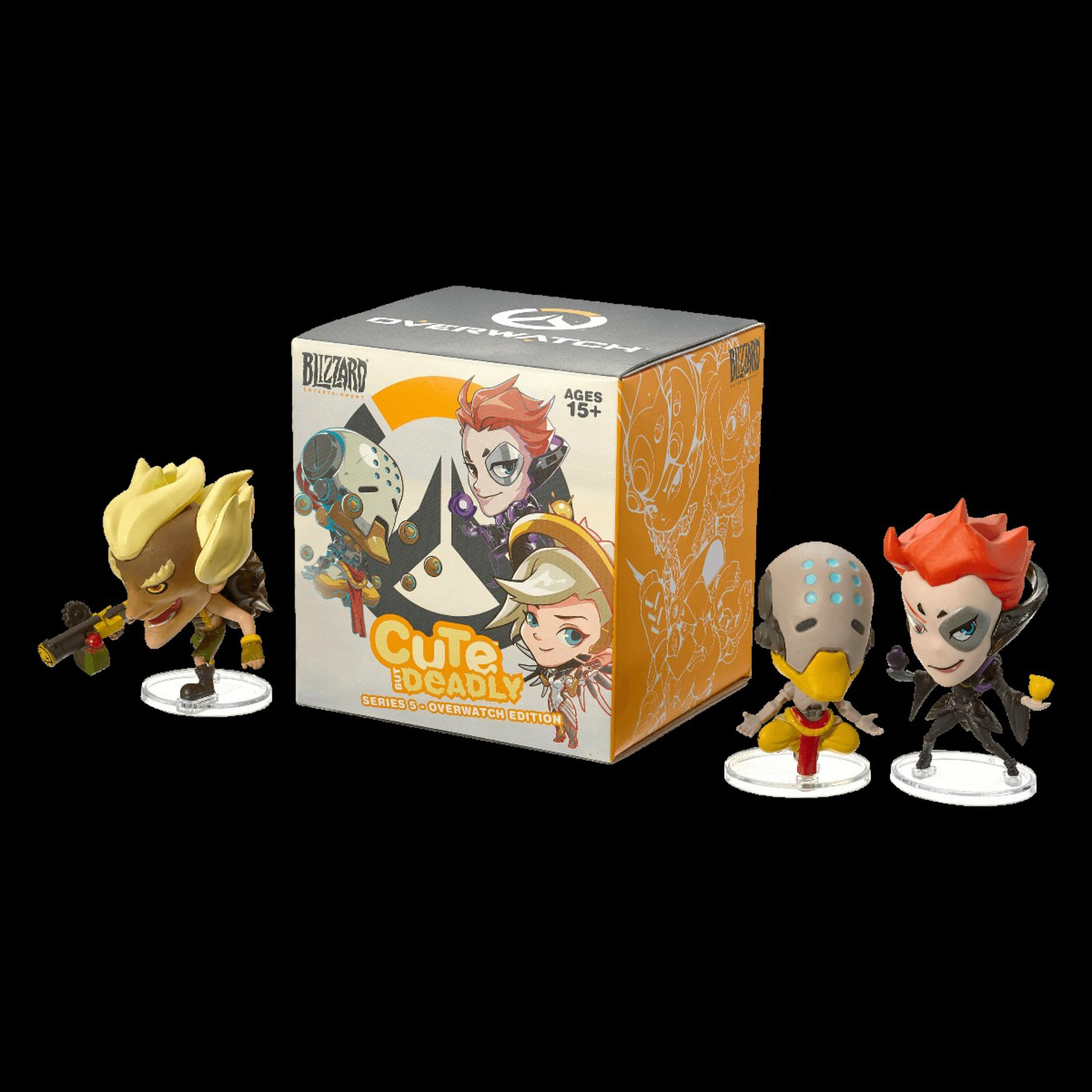 Overwatch-Figuren in einer Box. Figuren sind bunte Charaktere auf klaren Ständern.