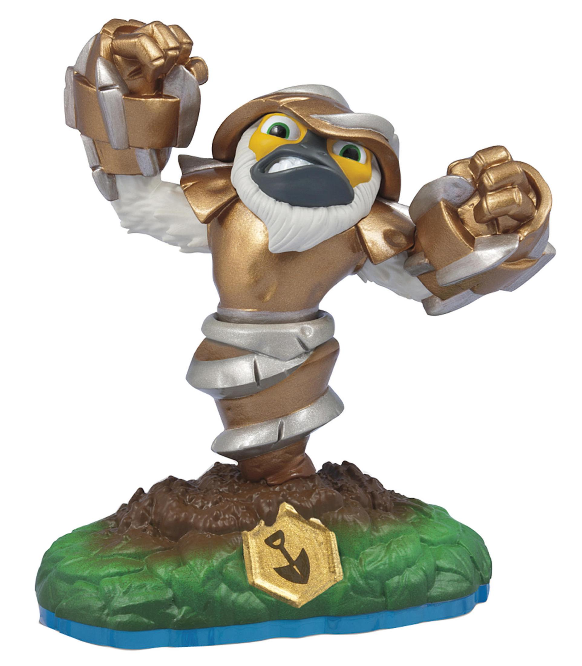 Eine Skylander-Figur mit goldener Rüstung, einem vogelartigen Gesicht und einer Basis. Sie steht mit erhobenen Fäusten.