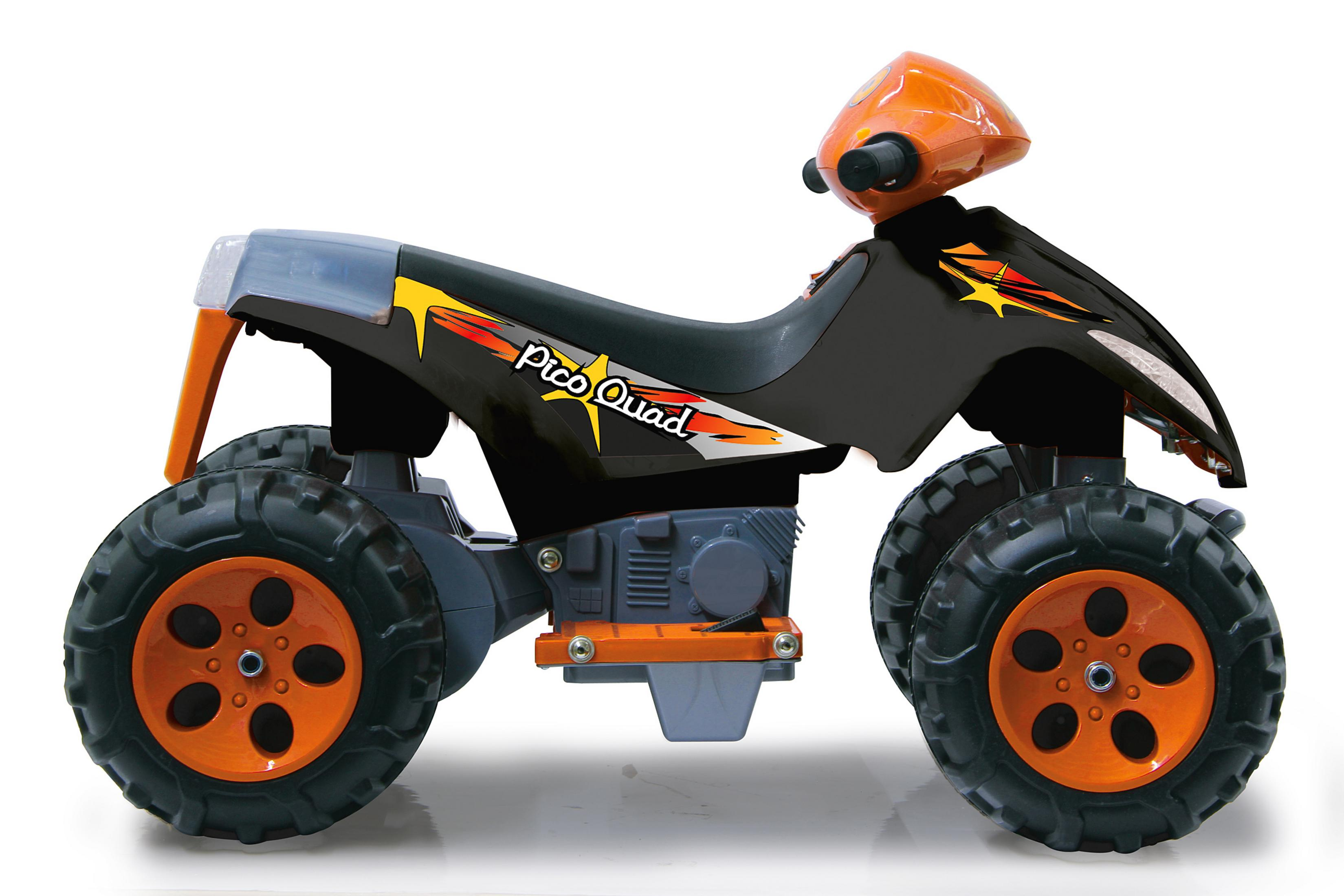 Spielzeug-ATV in Schwarz, Orange und Grau, mit dem Wort 'Pico Quad'.