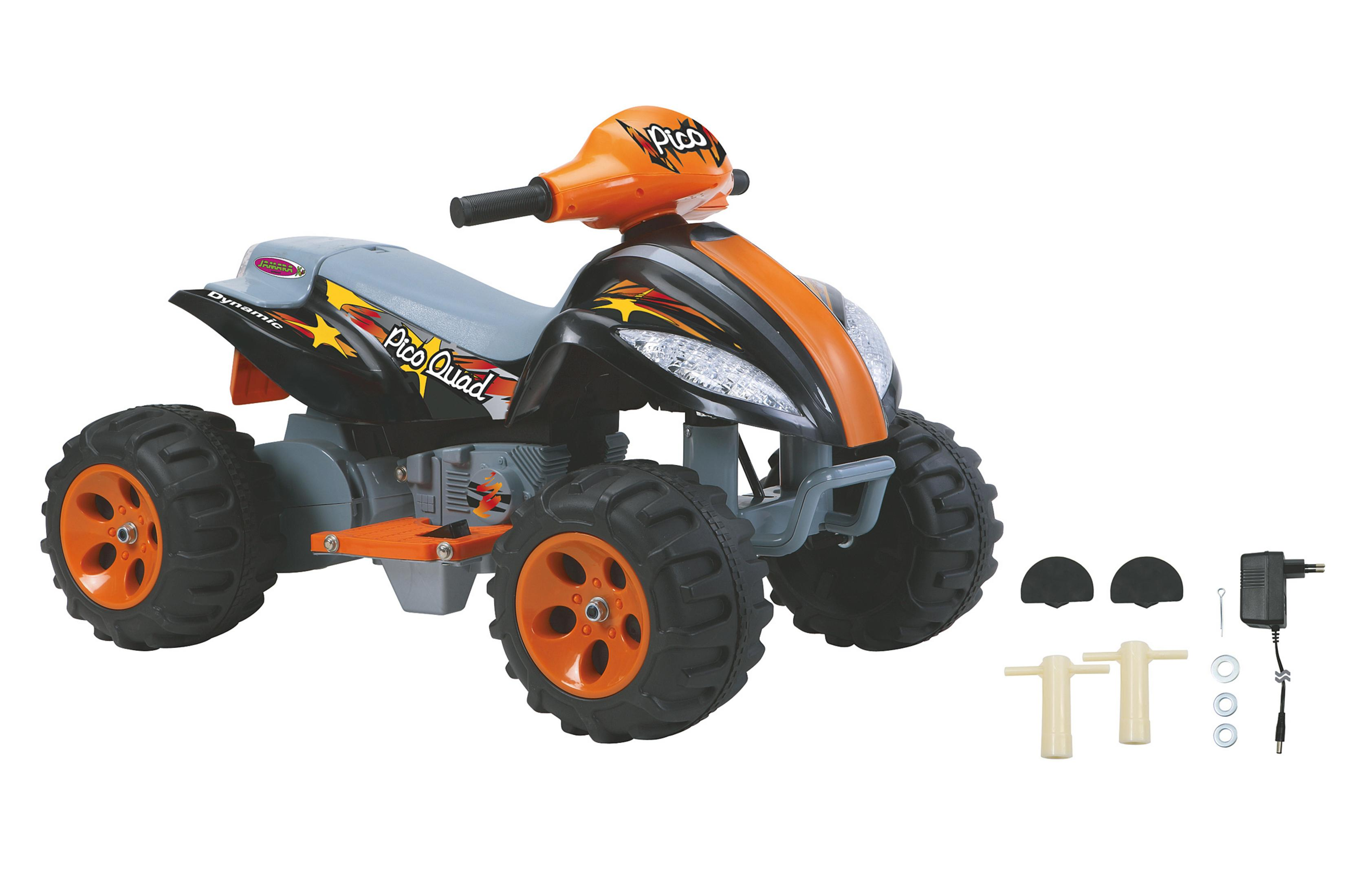 Orangefarbenes und schwarzes Spielzeug-Quad mit Zubehör.