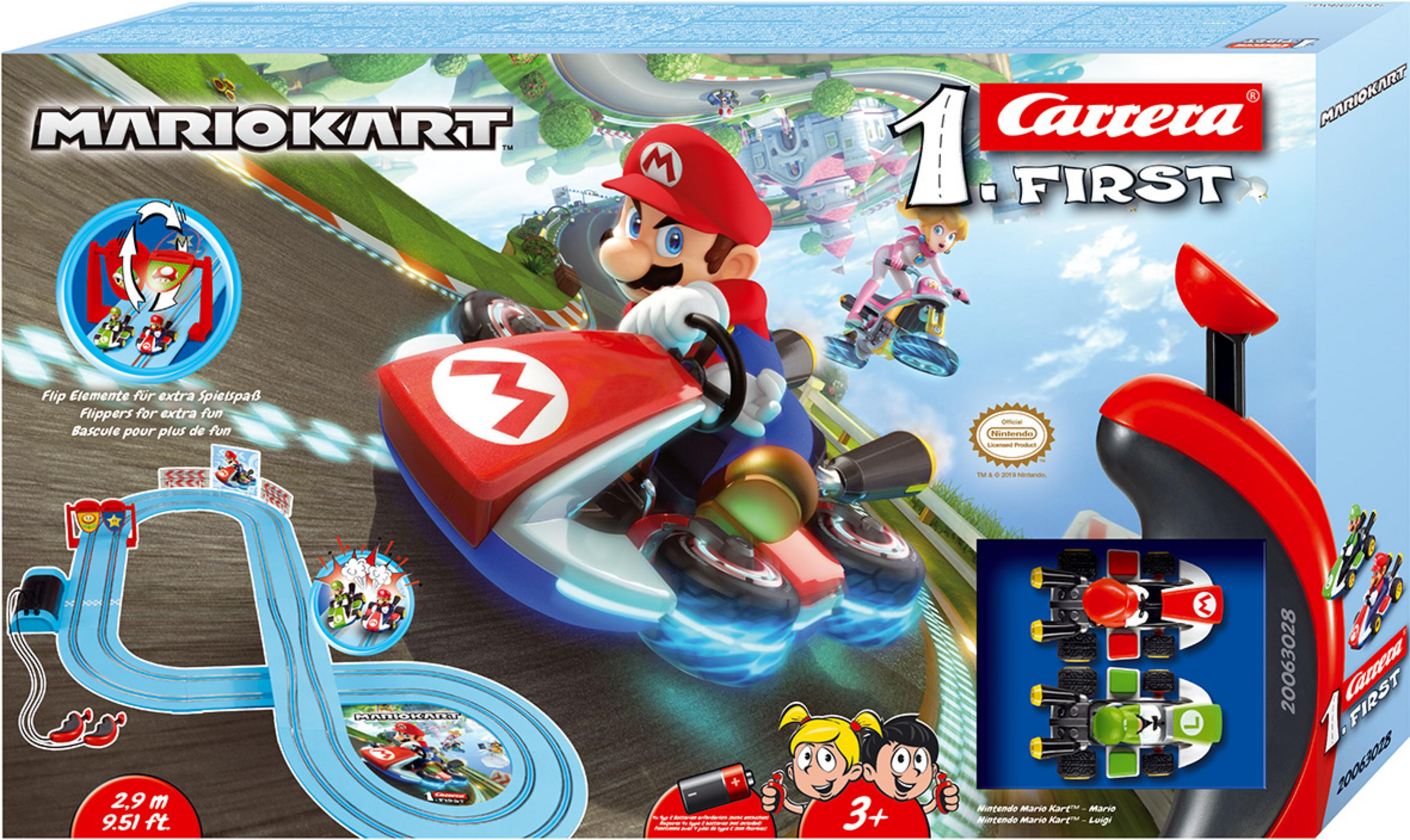 Mario Kart Spielzeug-Autorennen-Set mit Box-Art, Strecke und Rennfahrern.
