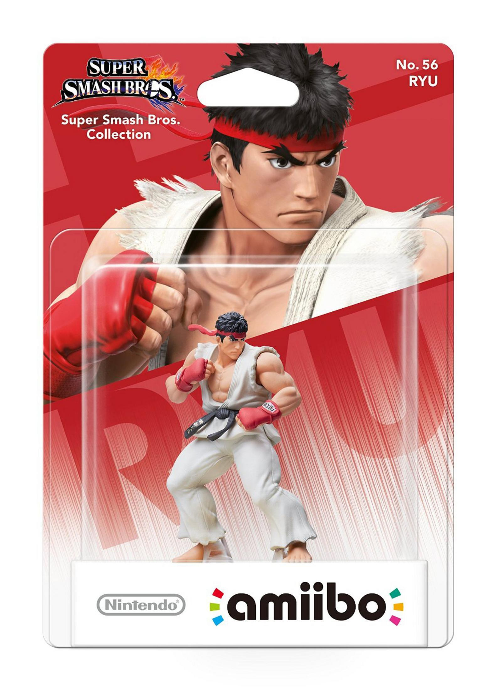 Eine Super Smash Bros. Ryu amiibo Figur in Verpackung, mit einem Ryu Bild.