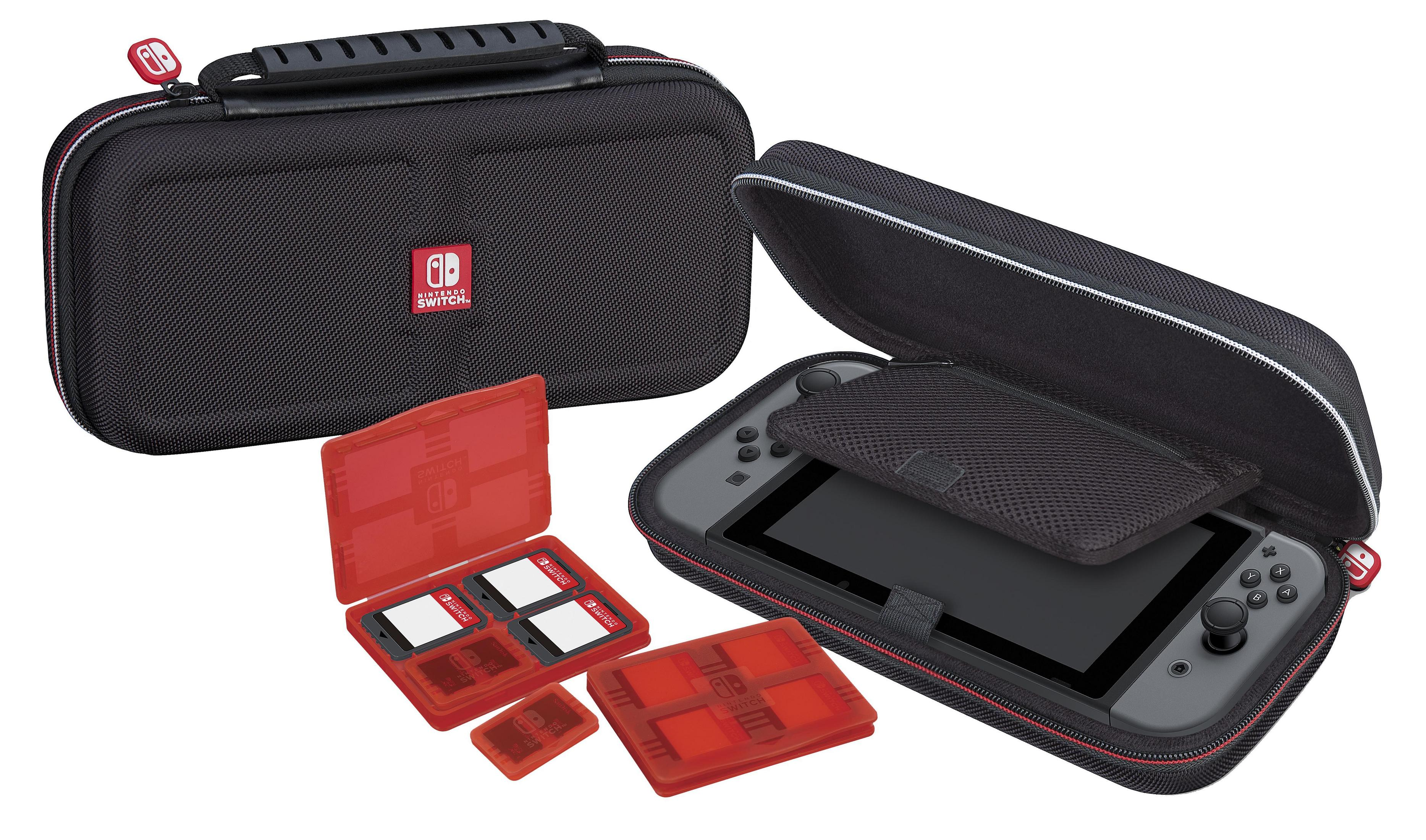 Una custodia Switch nera, con Switch all'interno, e porta carte di gioco con schede aggiuntive.