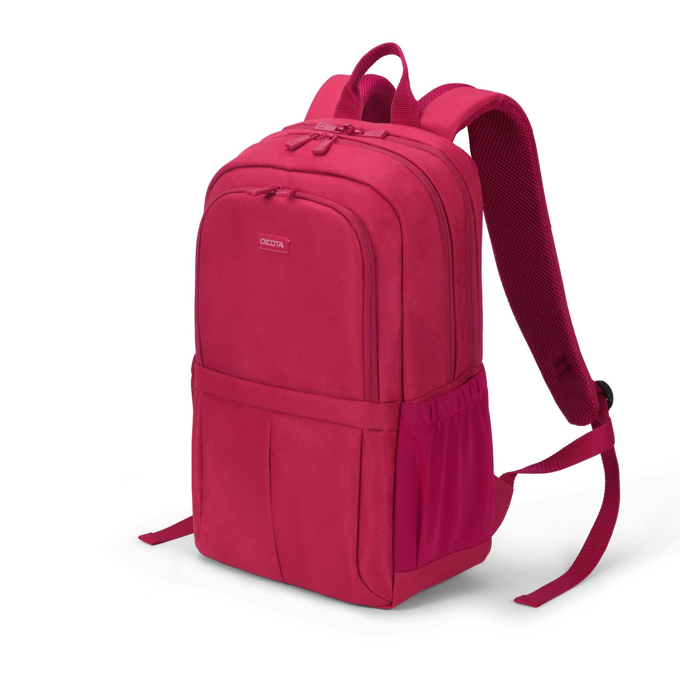 Un sac à dos Dicota rouge avec des bretelles et plusieurs poches, sur fond blanc.