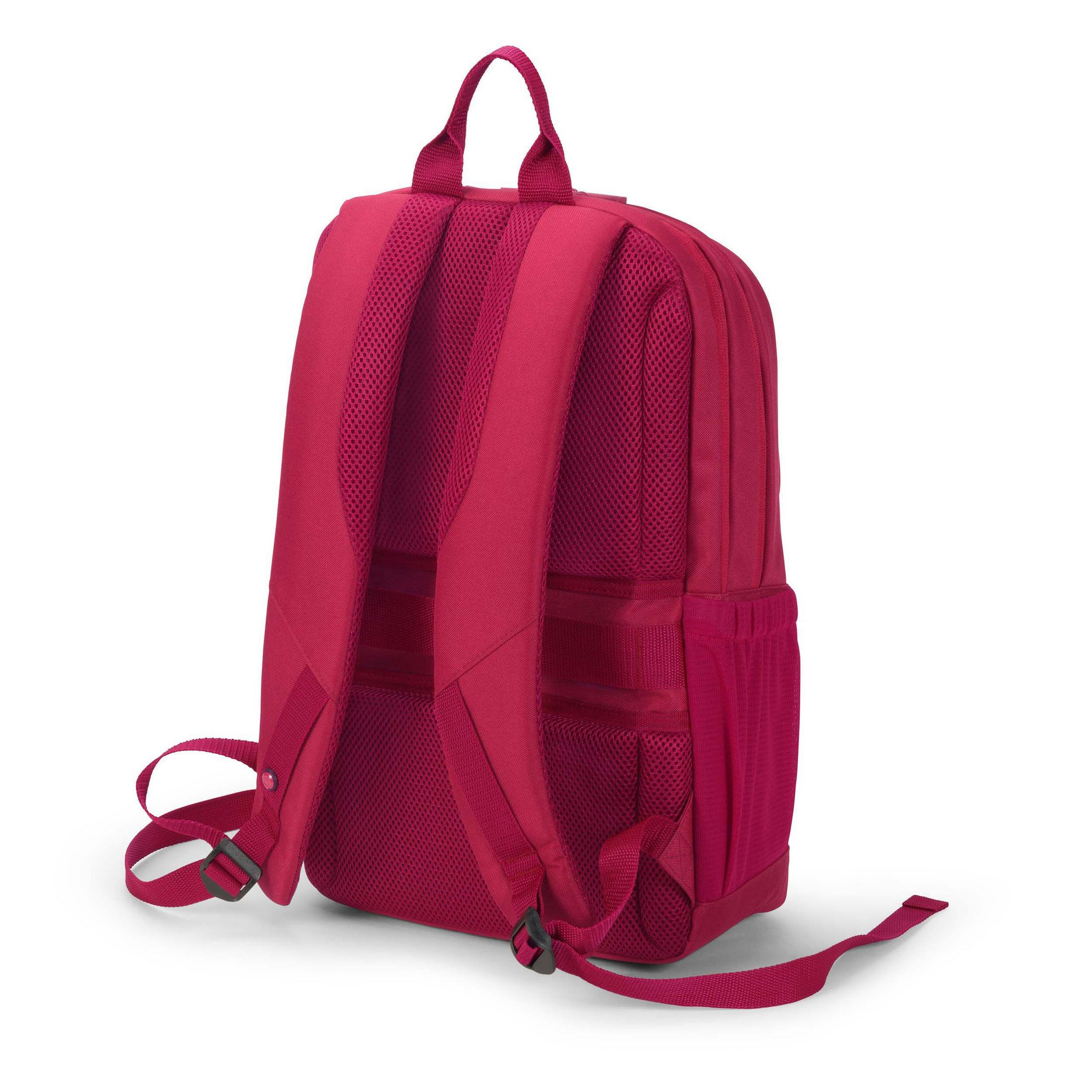 Un sac à dos bordeaux avec un dos en filet. Le sac à dos est sur un fond blanc.