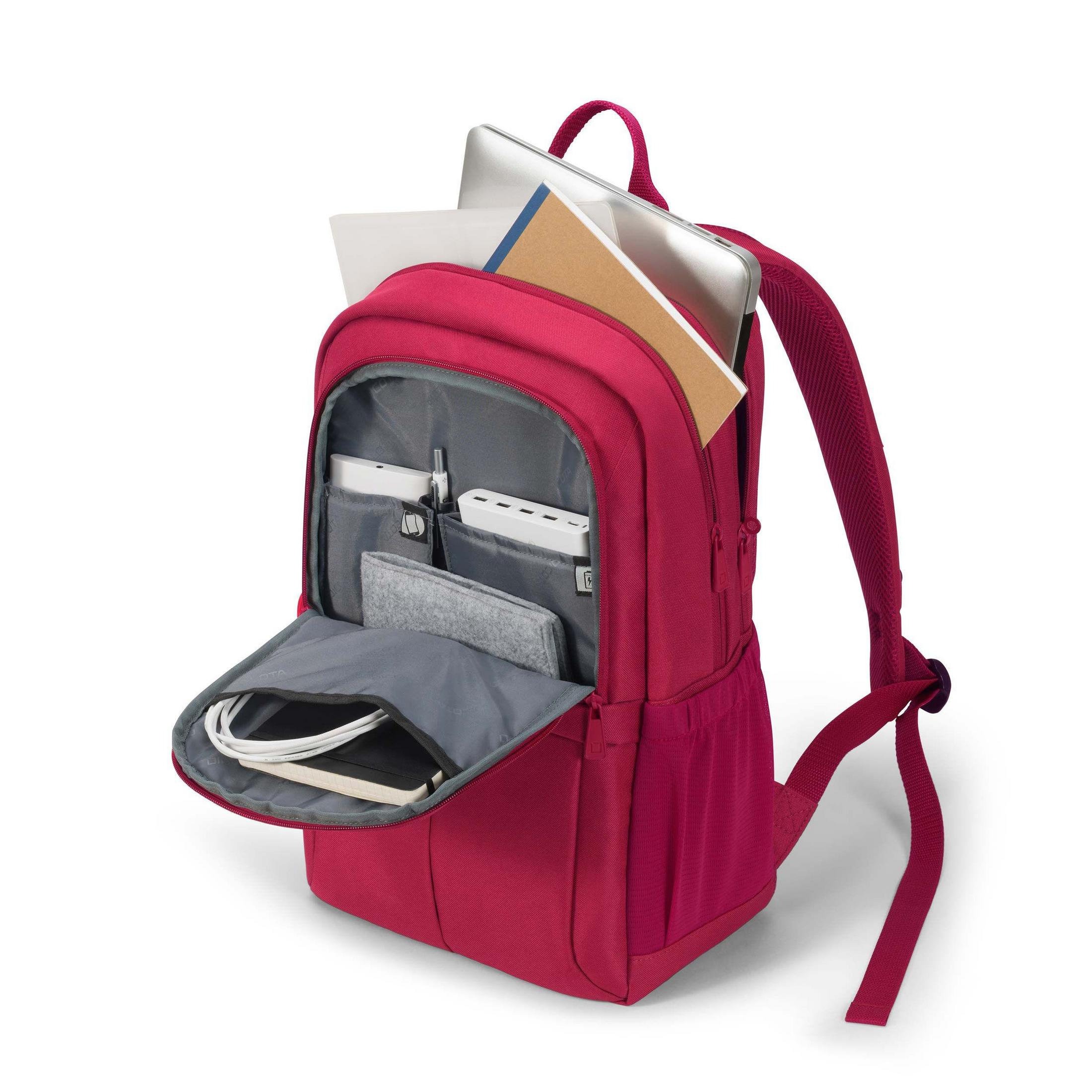 Sac à dos rouge avec compartiments ouverts, contenant un ordinateur portable, des cahiers et des fournitures.
