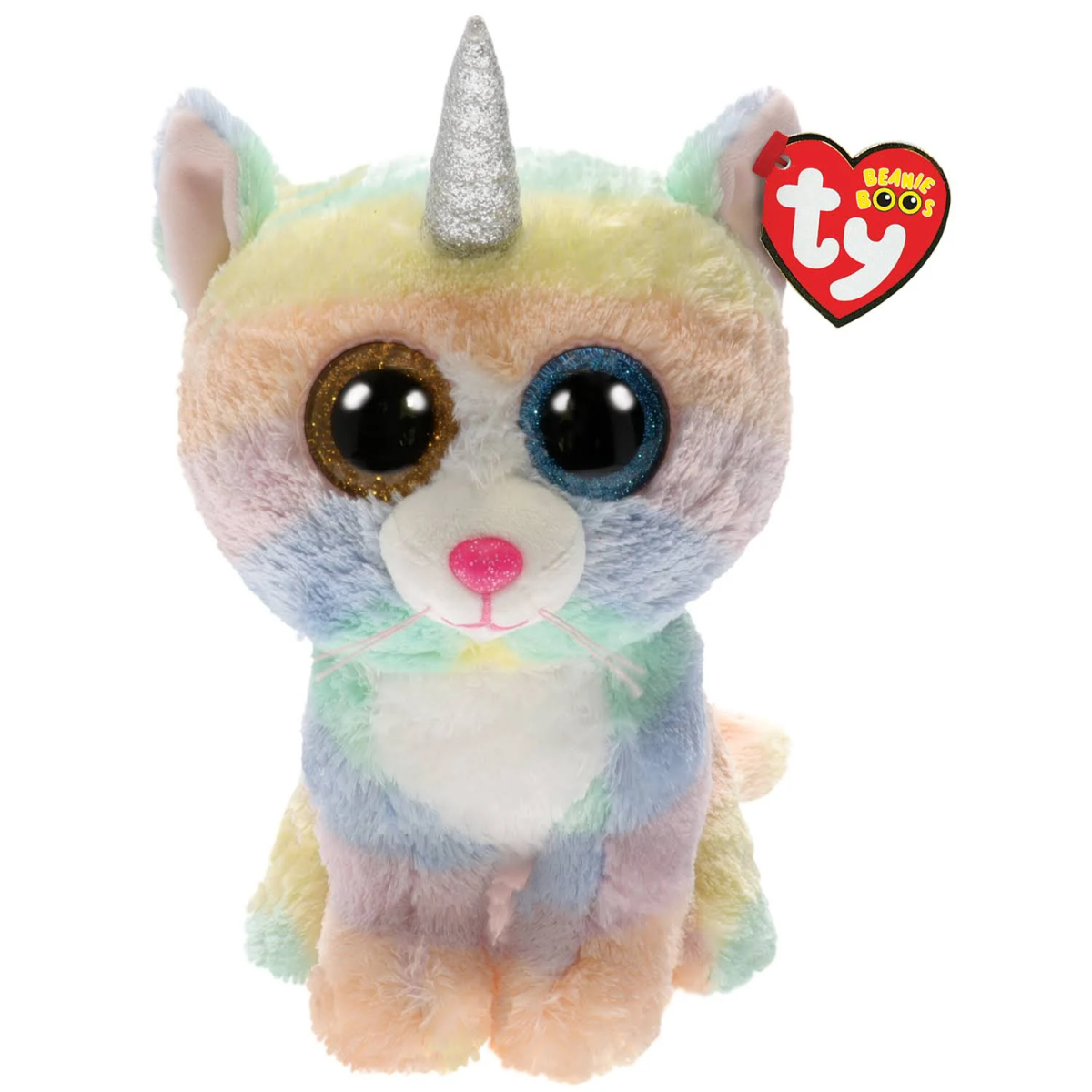 Buntes Einhorn-Plüschtier mit silbernem Horn, großen Augen und einem 'TY'-Etikett.