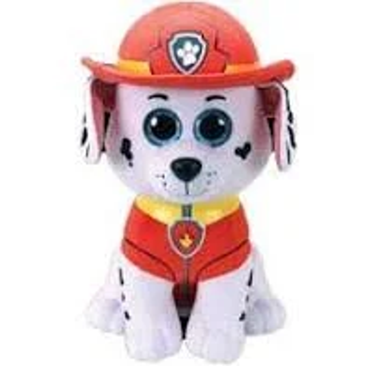 Paw Patrol Marshall Spielzeug, ein Dalmatinerwelpe in roter Feuerwehruniform und Hut, weißer Hintergrund.