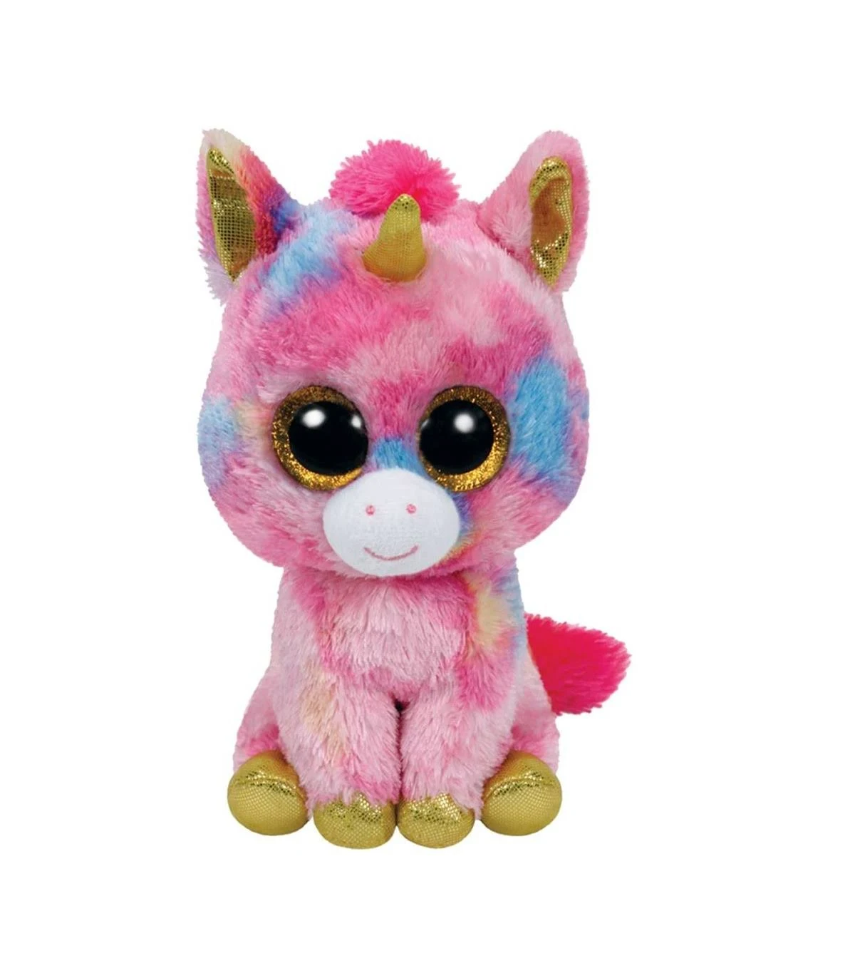 Ein rosa Einhorn-Stofftier mit großen Augen und einem goldenen Horn und Hufen.
