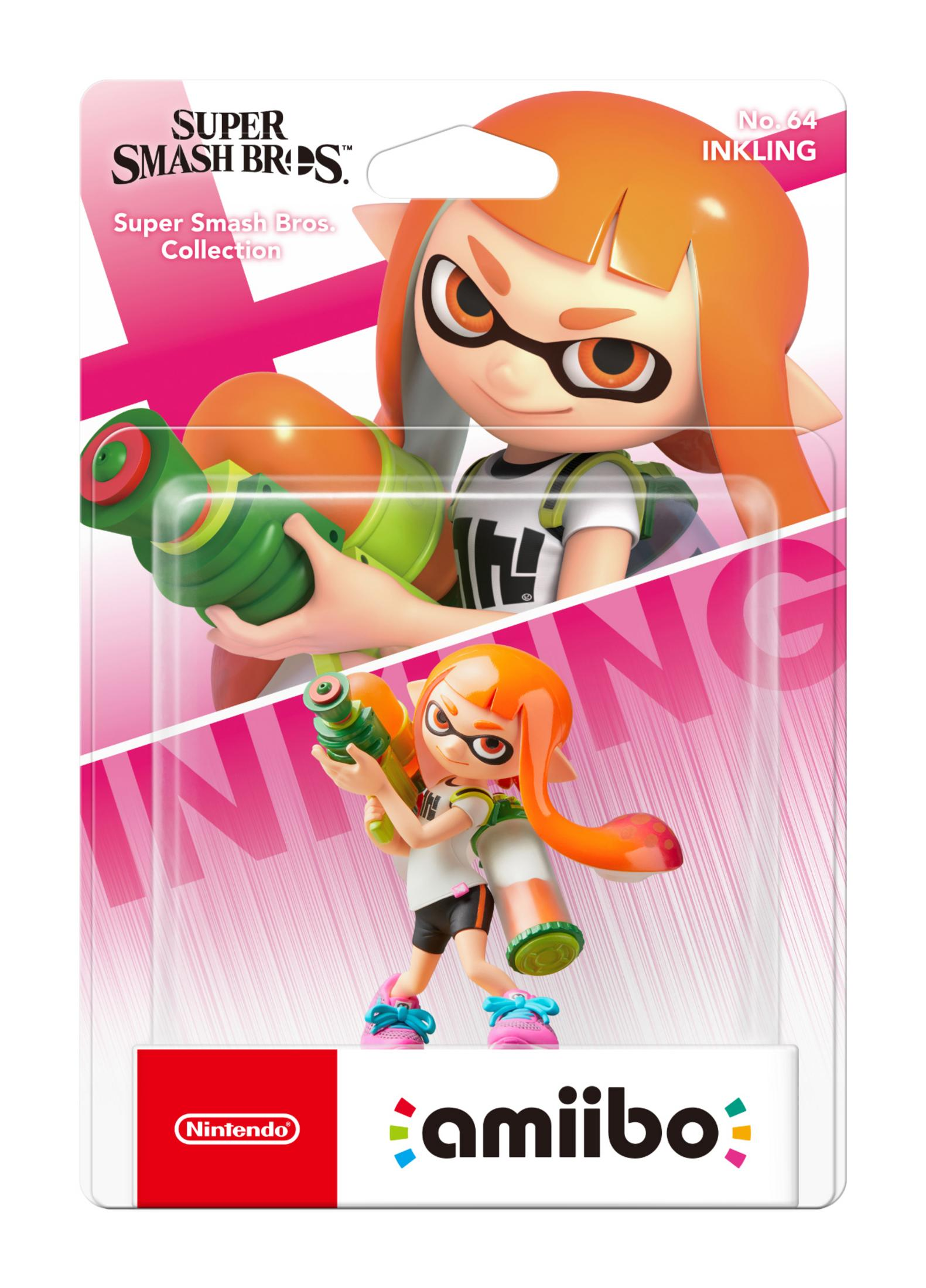 Amiibo Inkling en embalaje. Presenta el personaje Inkling de Super Smash Bros.