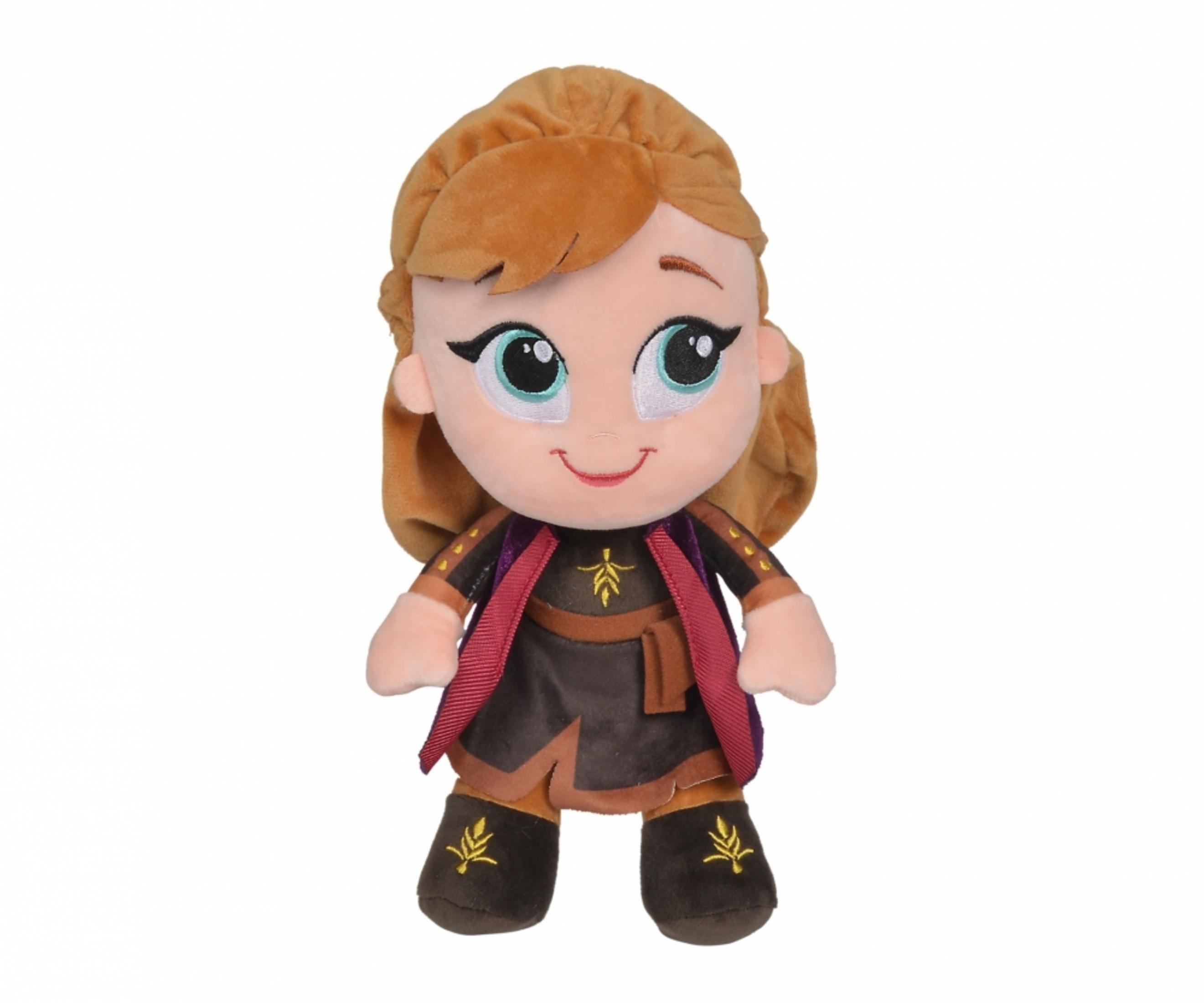 Plüschpuppe von Anna aus Frozen, trägt ein lila Kleid und roten Umhang.