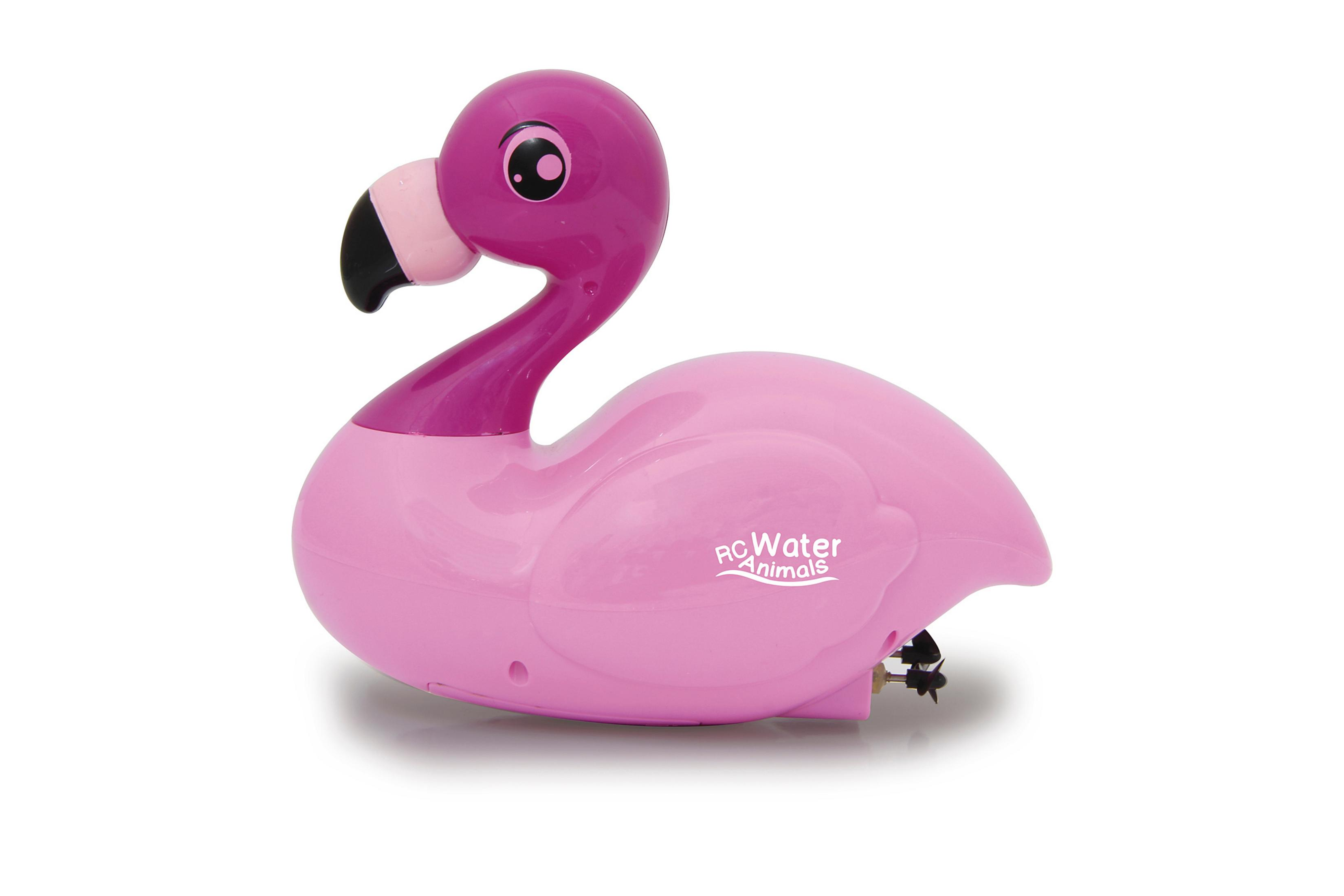 Rosa Flamingo-Spielzeug mit Propeller, auf weißem Hintergrund.