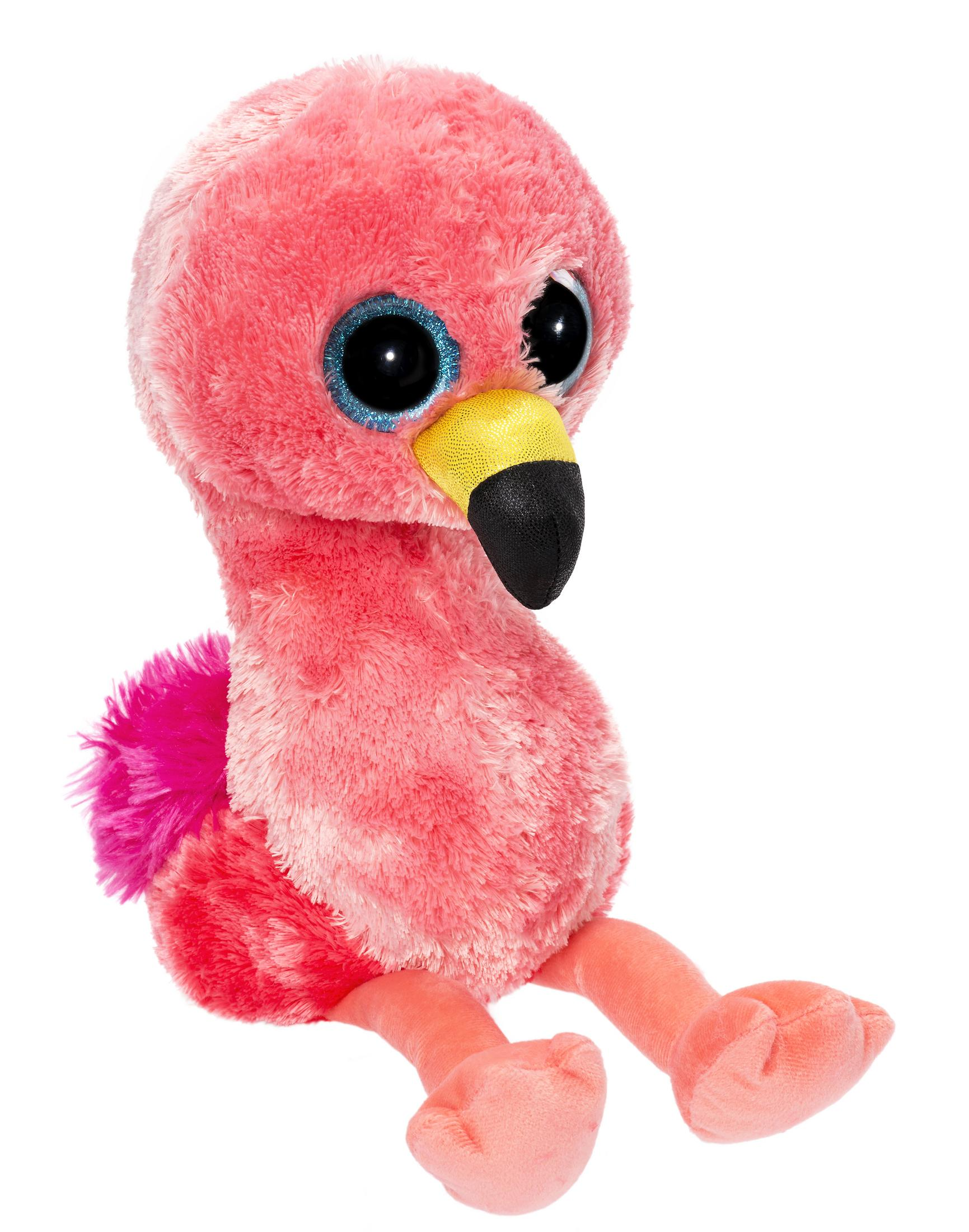 Ein rosa Plüschflamingo-Spielzeug mit großen blauen Augen, einem gelben Schnabel und rosa Federn.