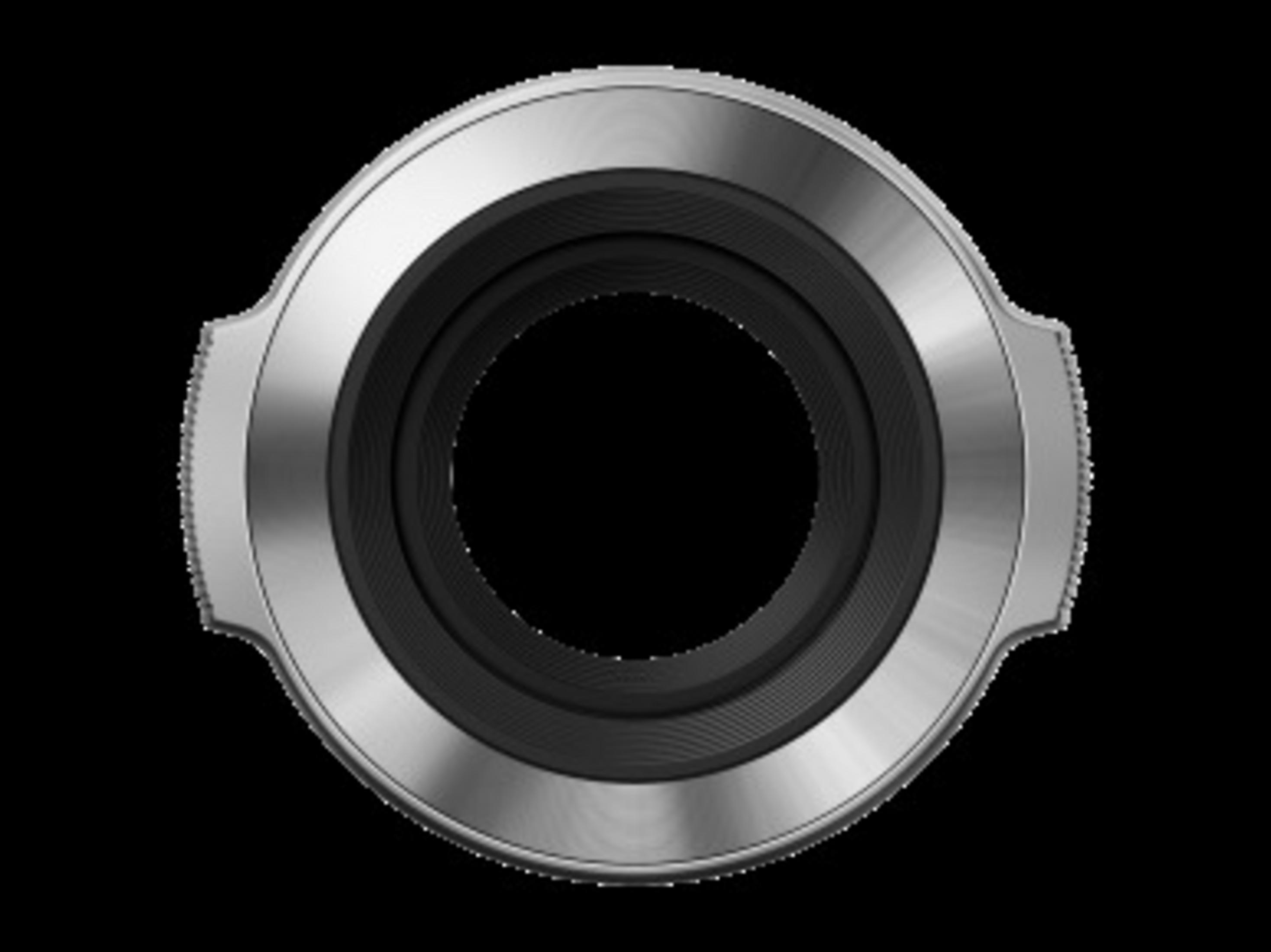Accessorio per obiettivo metallico per una fotocamera, visto dall'alto, interno nero.