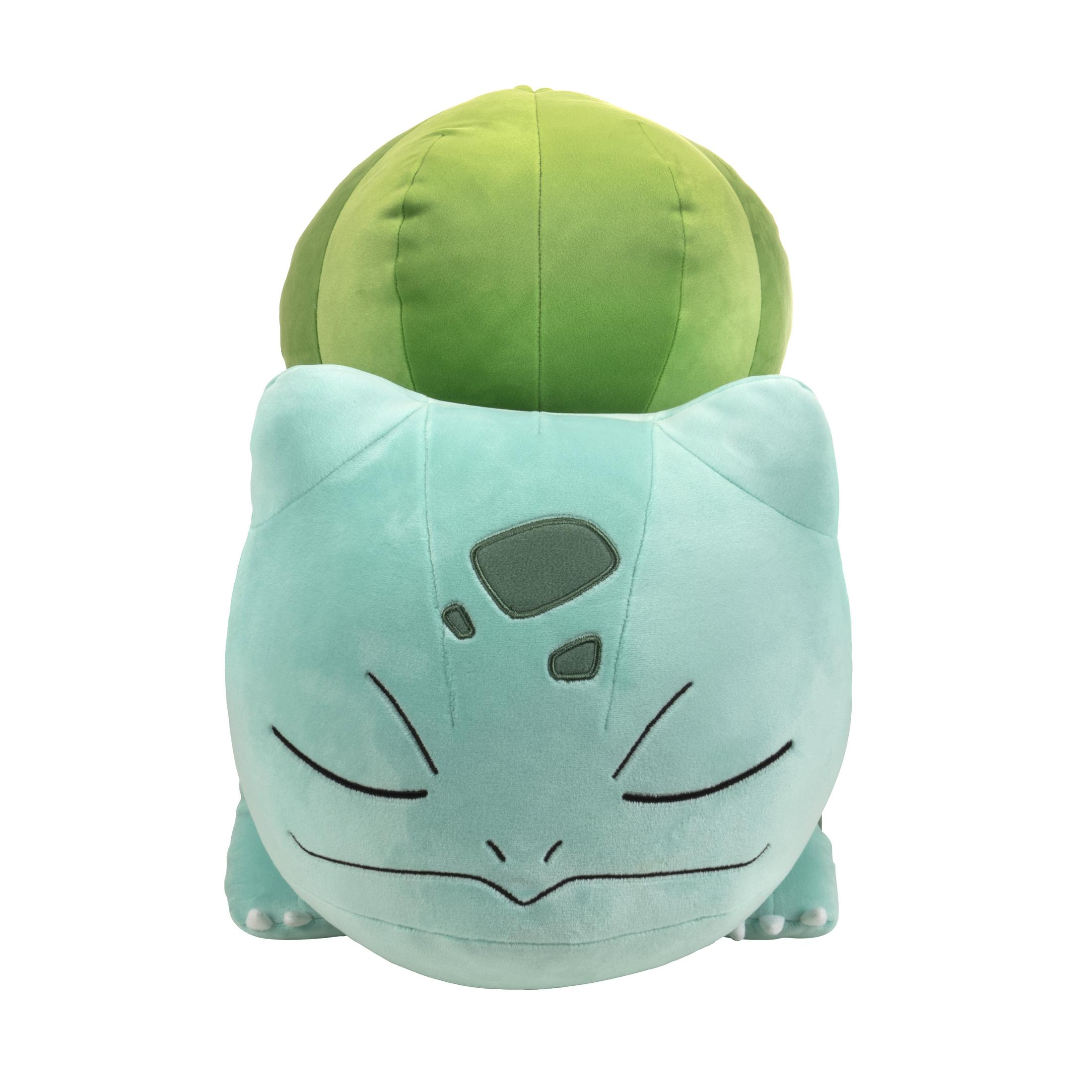 Bulbasaur-Plüschtier, grüner Kopf und Blätteroberteil, auf weißem Hintergrund.