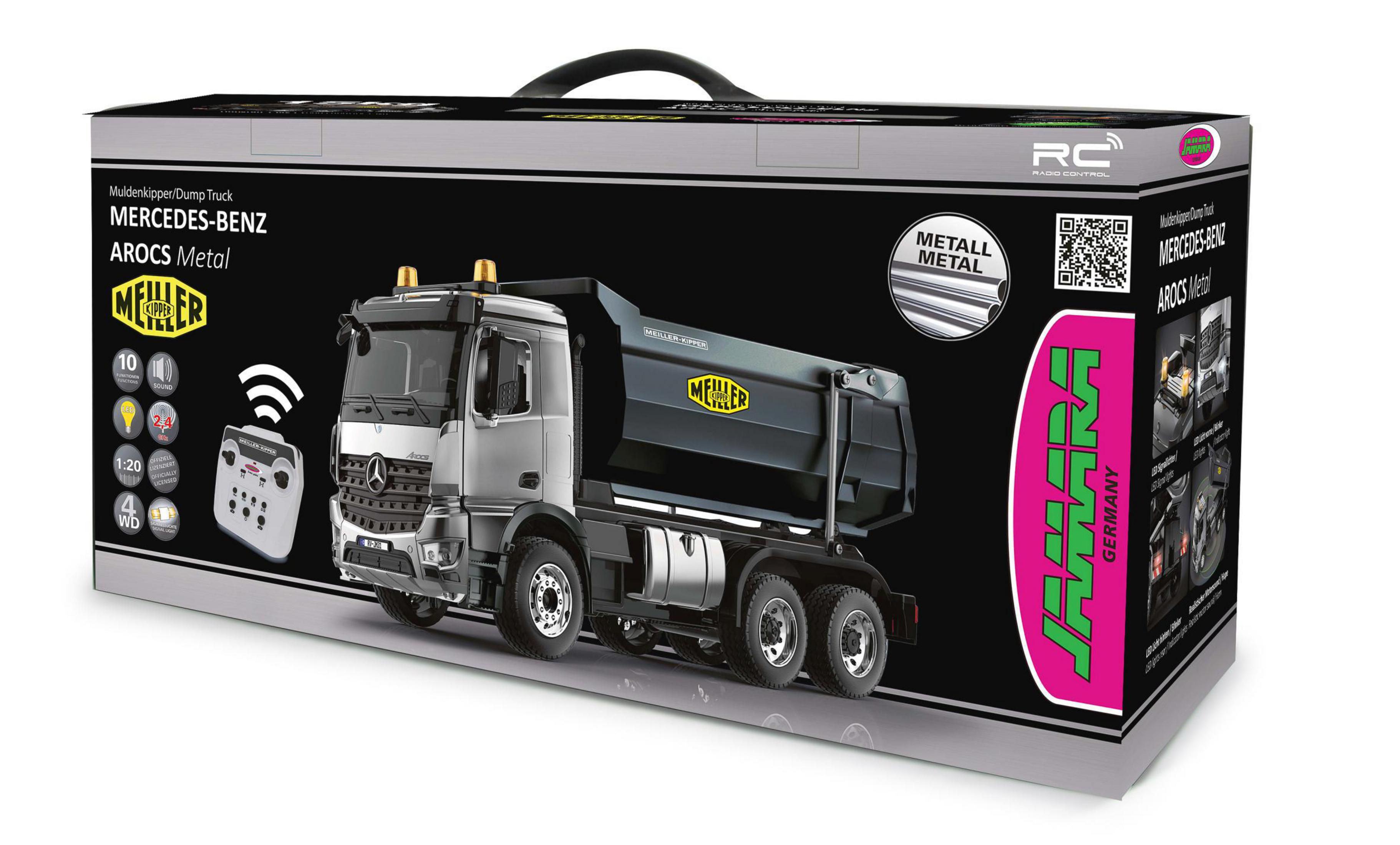 Spielzeug Mercedes-Benz Arocs Muldenkipper Box. Der LKW ist grau, die Box hat schwarzen Hintergrund.