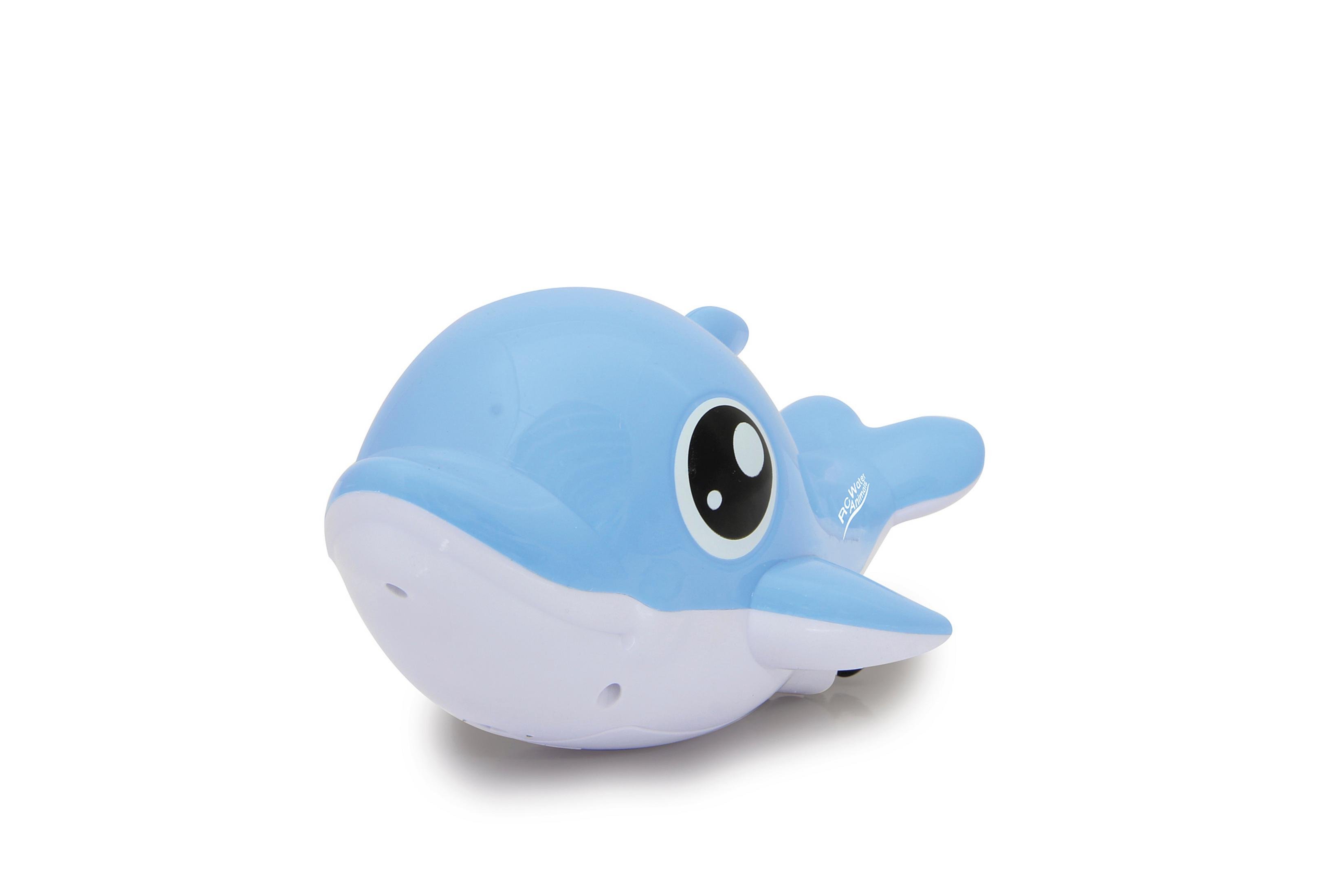 Ein blaues Spielzeugdelfin auf weißem Hintergrund.