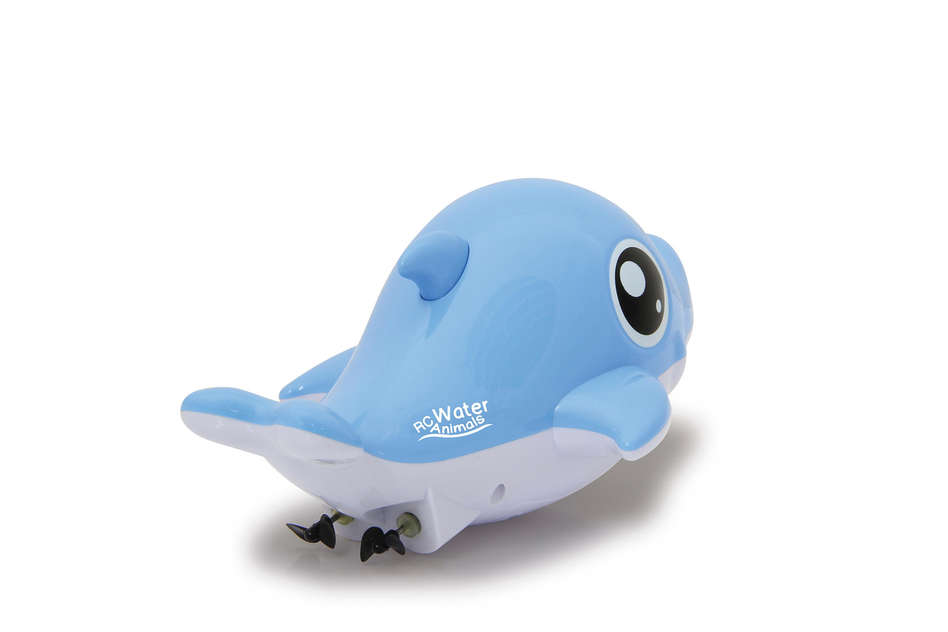 Blau-weißes Spielzeugdelfin. Es hat große schwarze Augen und eine Flosse. Es ist auf weißem Hintergrund.