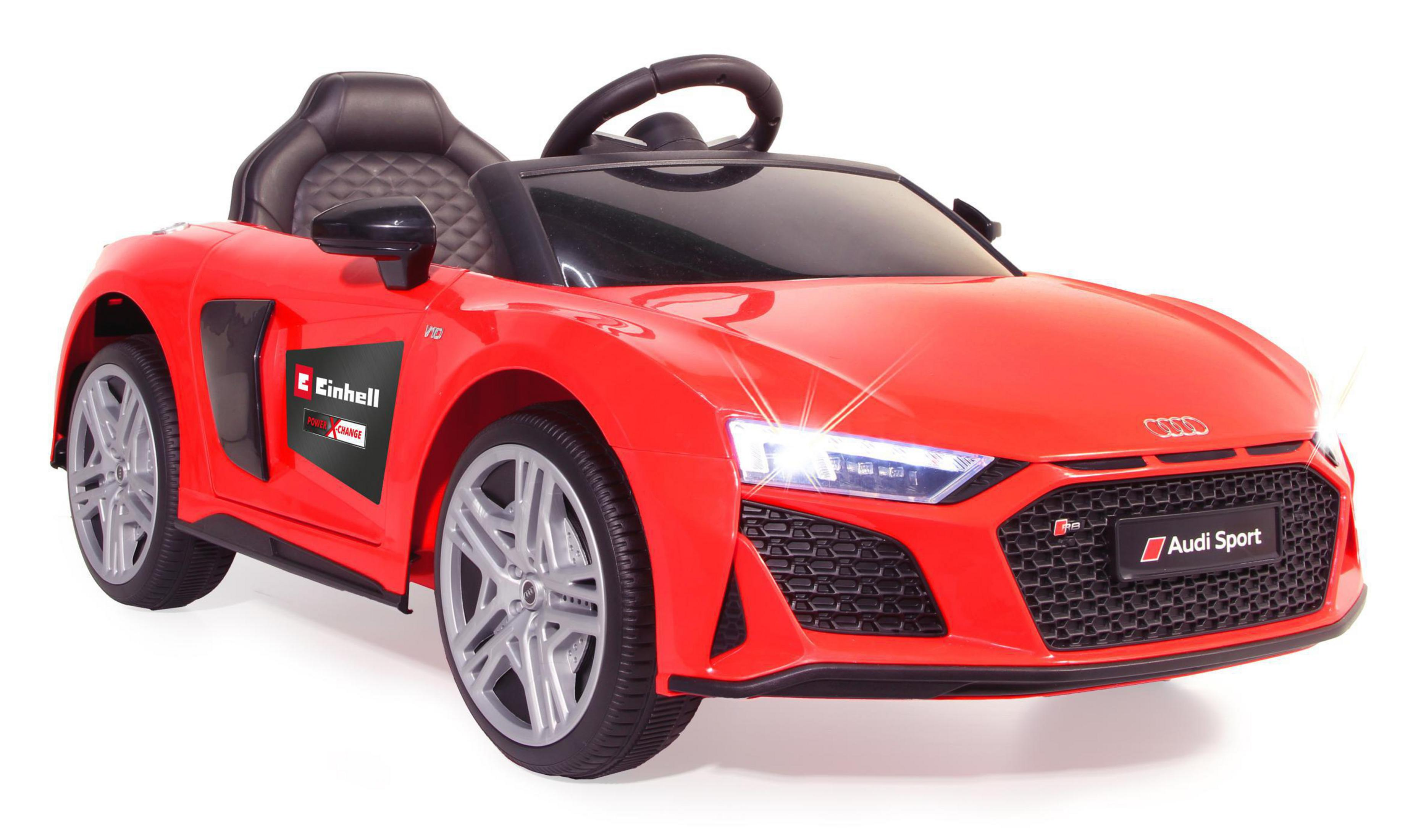 Rotes Audi R8 Spielzeugauto mit schwarzem Innenraum, silbernen Rädern und weißem Hintergrund.