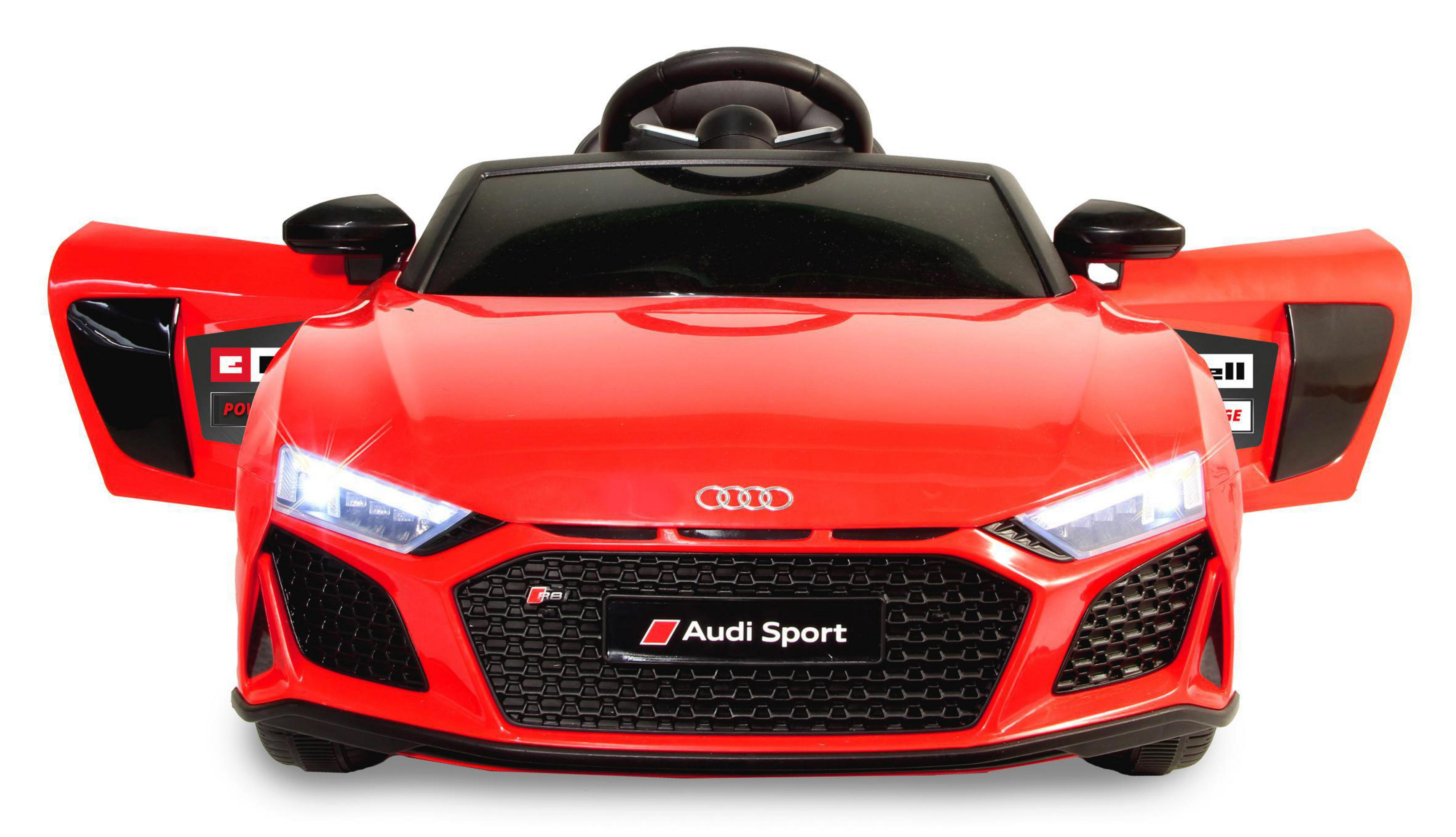 Rotes Audi Sport Spielzeugauto mit geöffneten Türen, weißer Hintergrund.