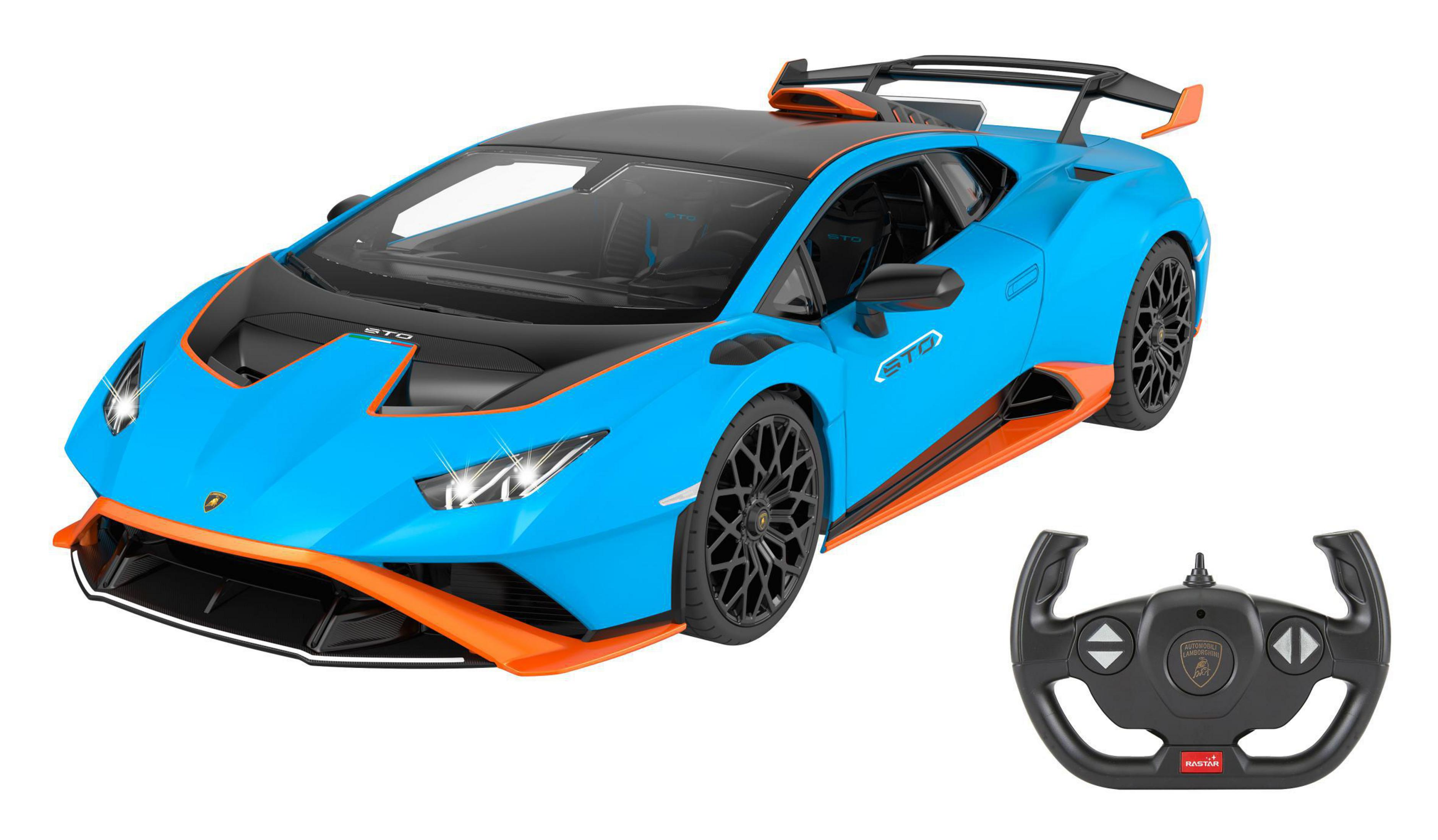 Ein blau-oranges Lamborghini Huracan Spielzeugauto mit Controller. Das Auto hat schwarze Räder und einen Spoiler.