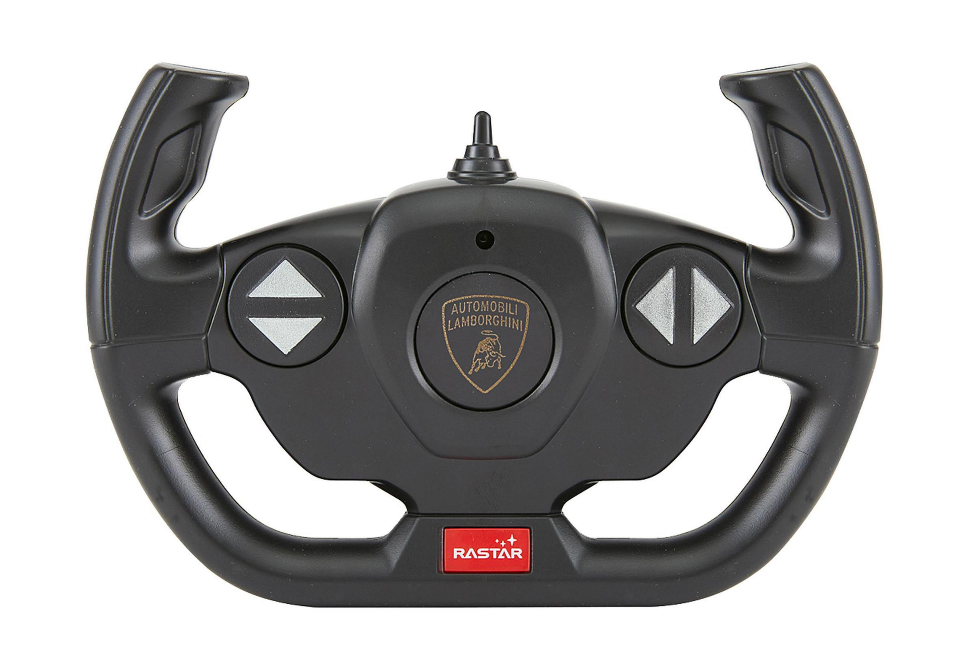 Schwarze Lamborghini-Lenkrad-Fernbedienung mit Lamborghini-Logo und Pfeiltasten.