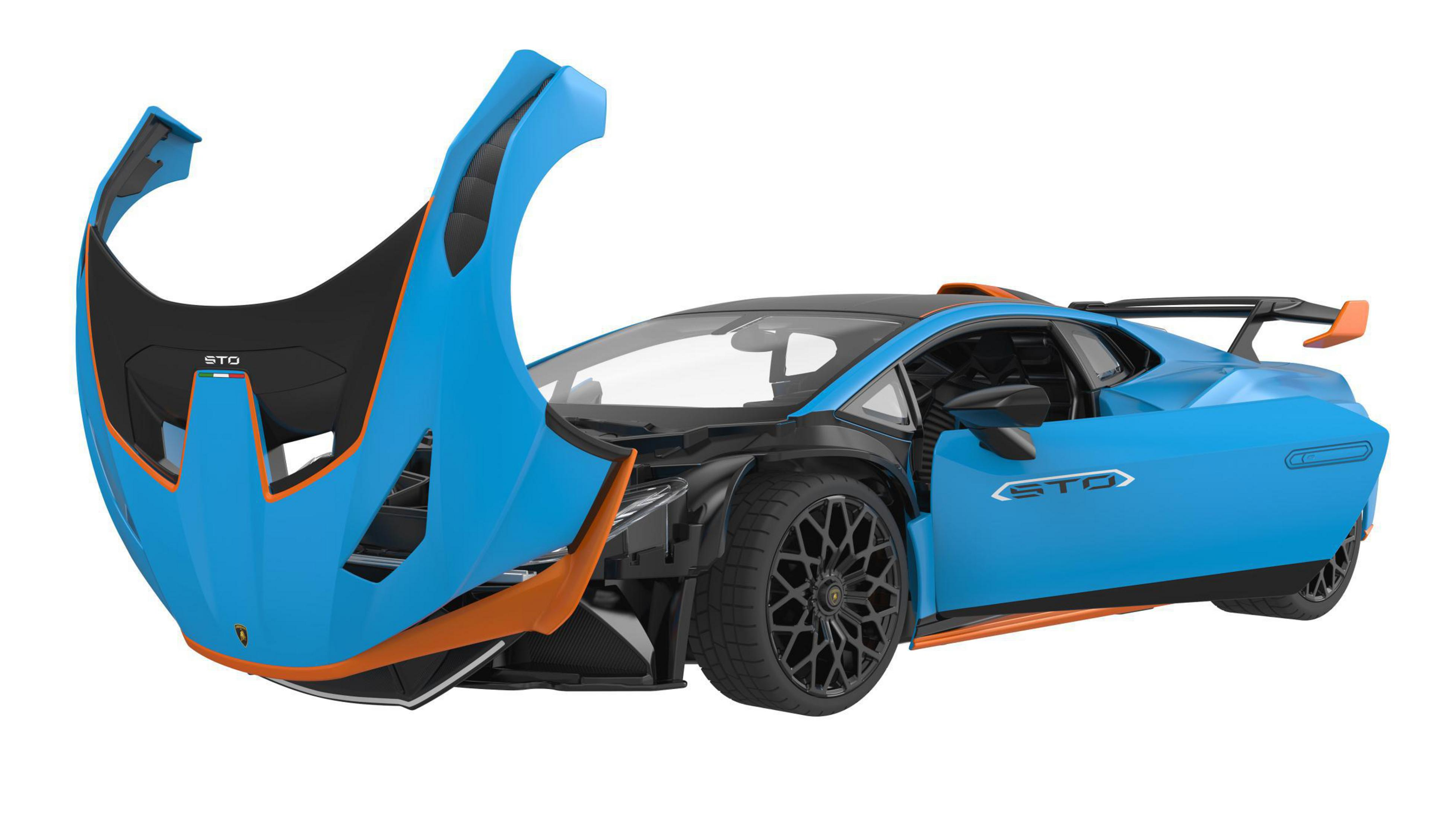 Blauer Lamborghini mit geöffneter Motorhaube und Tür. Schwarze Räder. Orangefarbene Akzente.