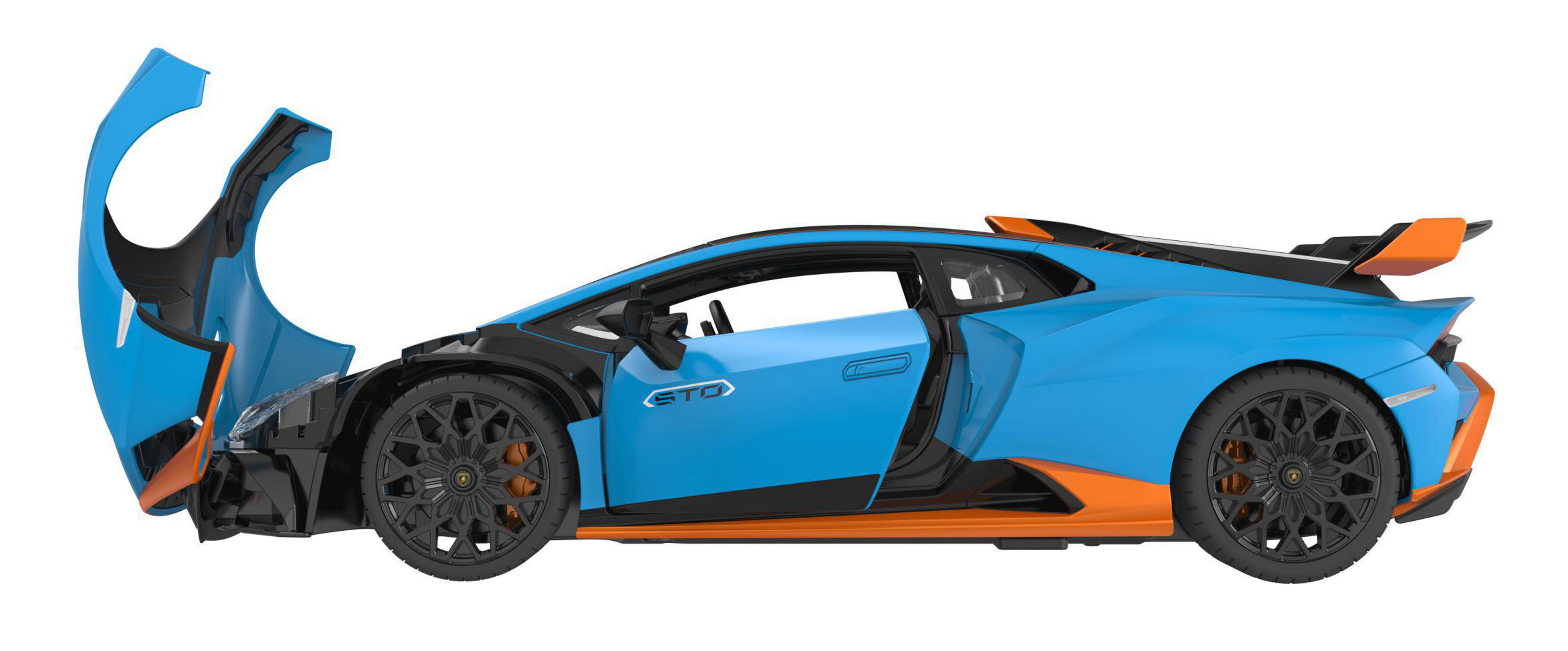 Blaues Sportwagen mit orangefarbenen Akzenten, Tür offen.