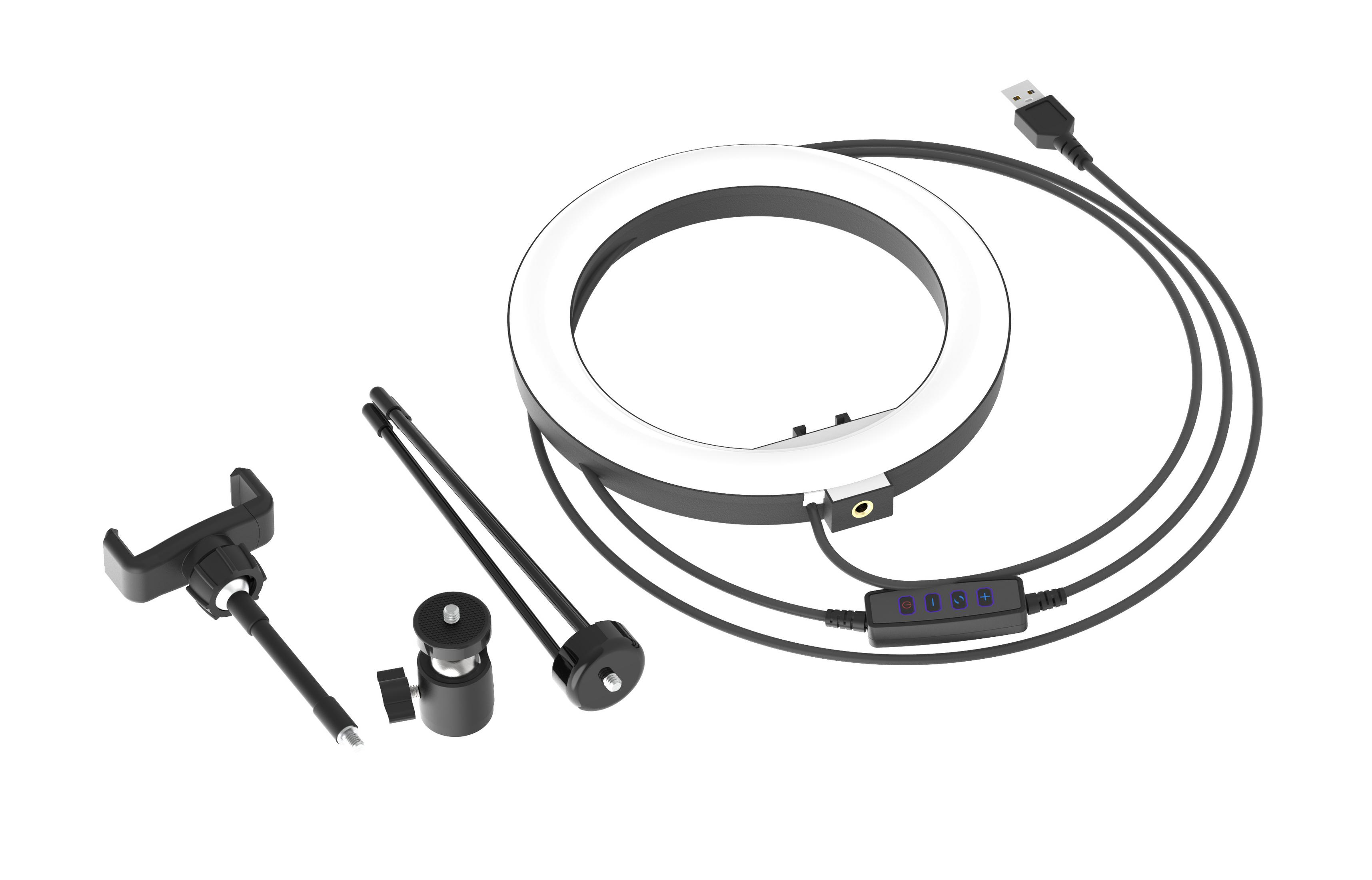 Ringlicht mit Telefonhalter und Ständer. USB-Kabel und Bedientasten sind sichtbar.