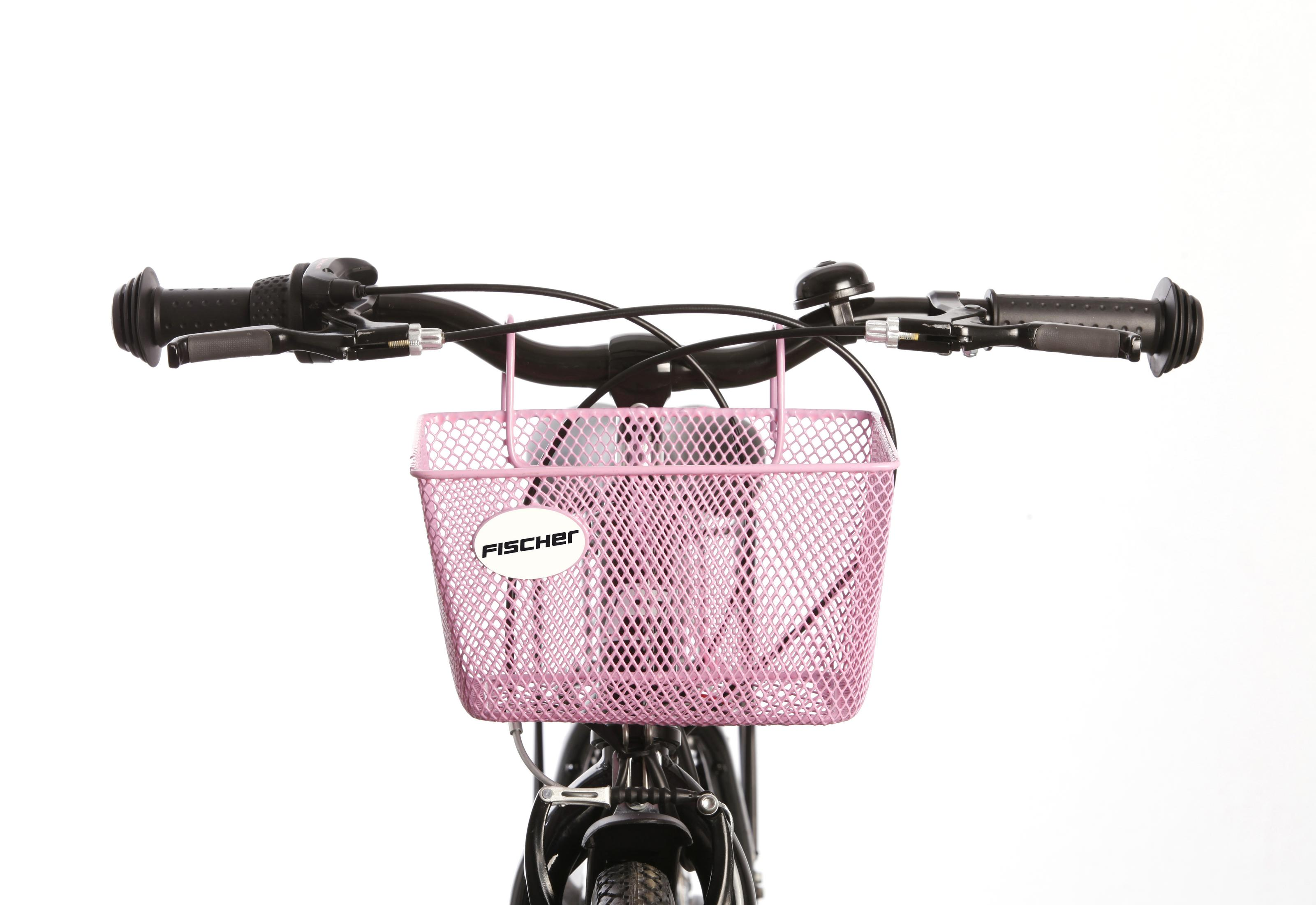 Fahrradlenker und ein rosa Drahtkorb mit dem Wort 'FISCHER'.