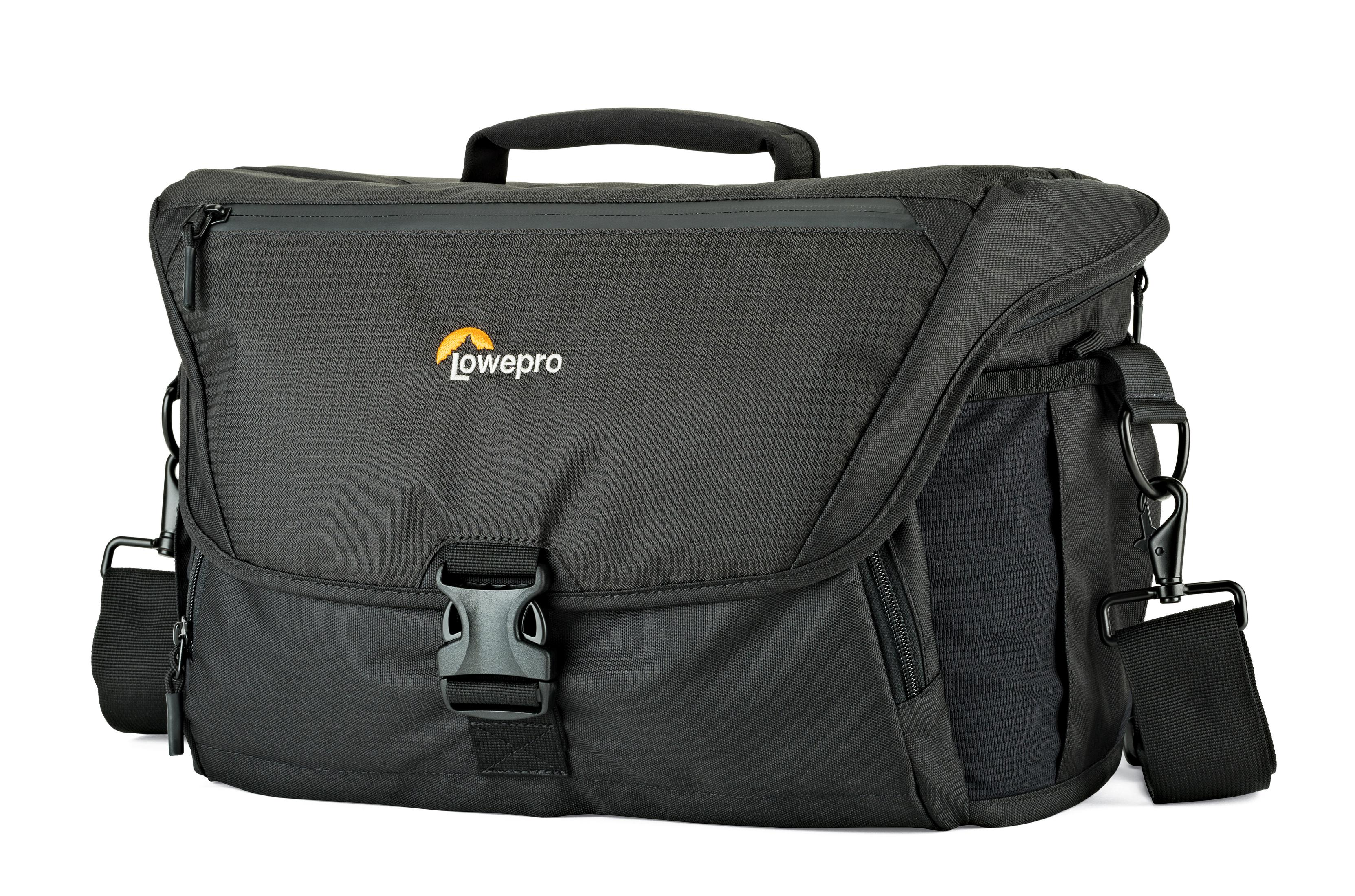 Black Lowepro camera bag with a handle and strap, on a white background.