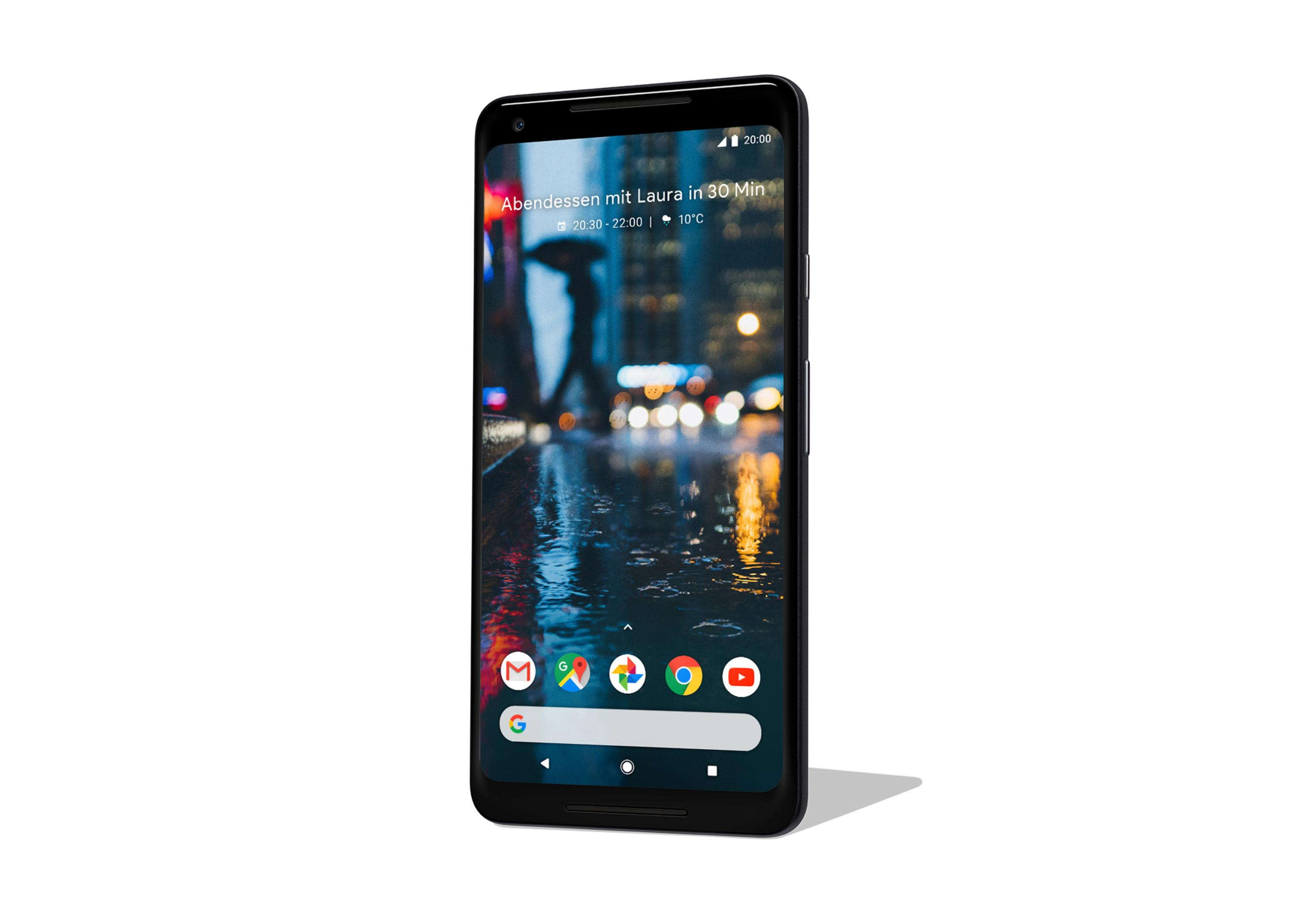 Ein schwarzes Smartphone auf weißem Hintergrund, das eine Stadtszene zeigt.