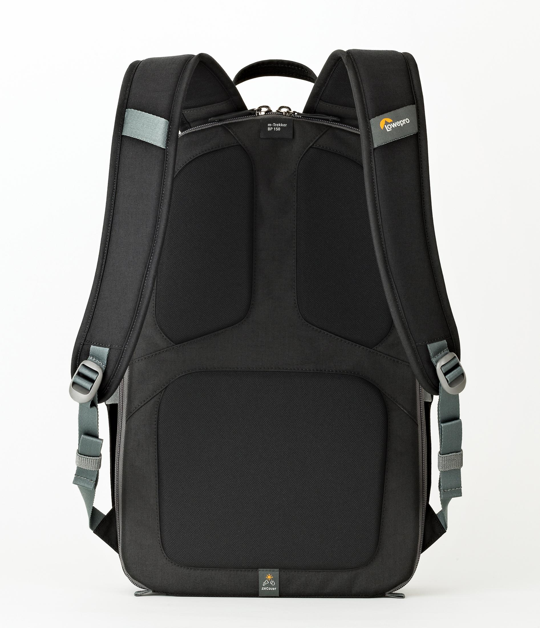 Rucksack, schwarz mit grauen Akzenten und Logo, Rückansicht auf weißem Hintergrund.