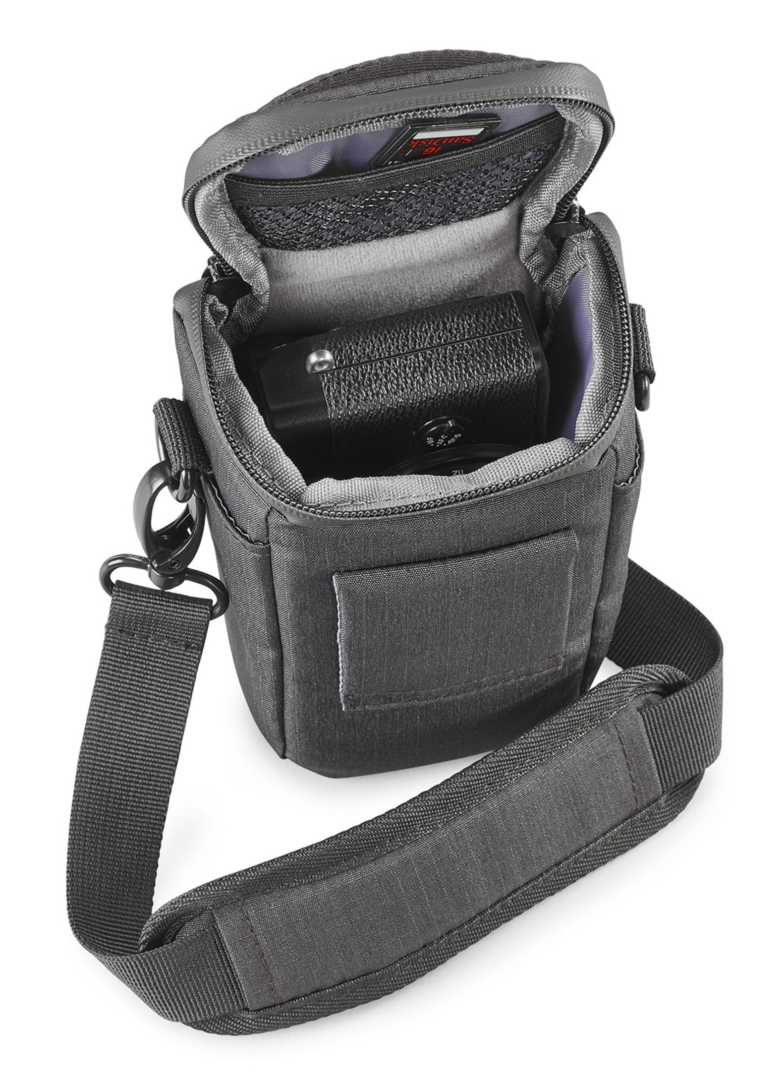 A gray camera bag, open, revealing a black camera inside, with a strap.