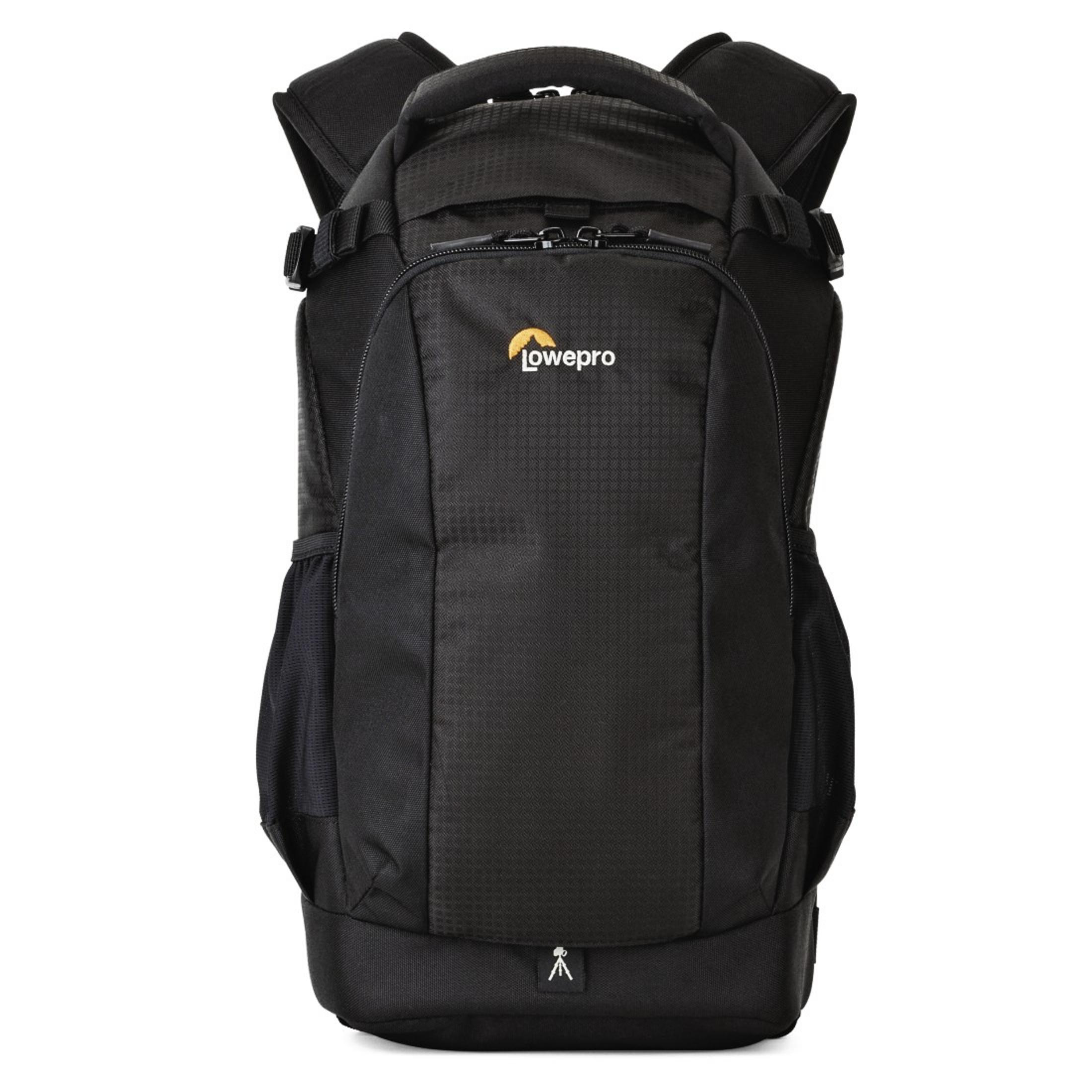 Schwarzer Lowepro Kamera-Rucksack. Vorderansicht. Logo in Gelb.