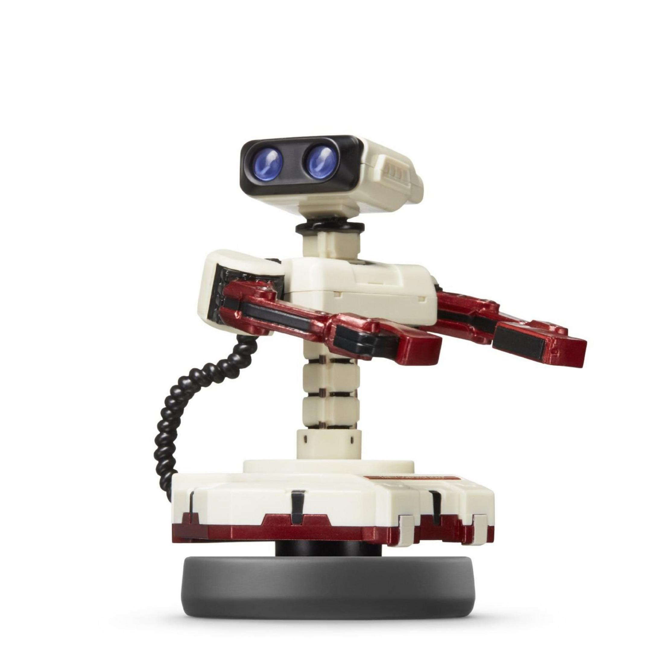 Jouet robot avec un câble noir et un corps rouge et blanc.