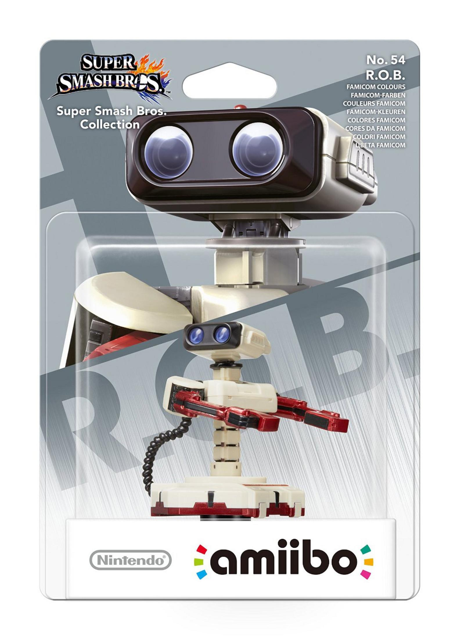 Une figurine amiibo Nintendo R.O.B. dans son emballage, avec le logo Super Smash Bros.