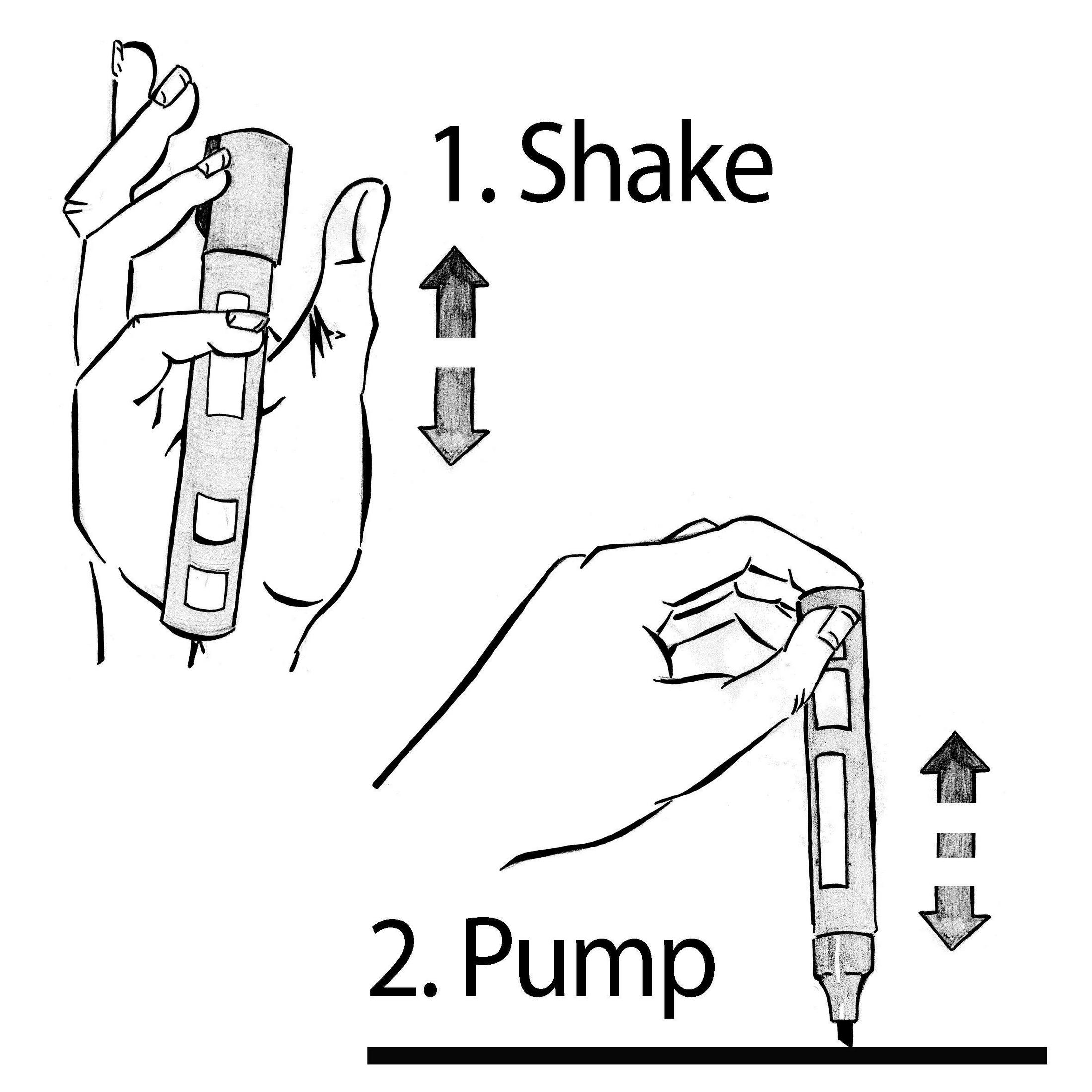 Diagramm zur Verwendung eines Markers: schütteln und dann die Marker-Spitze auf einer Oberfläche pumpen.