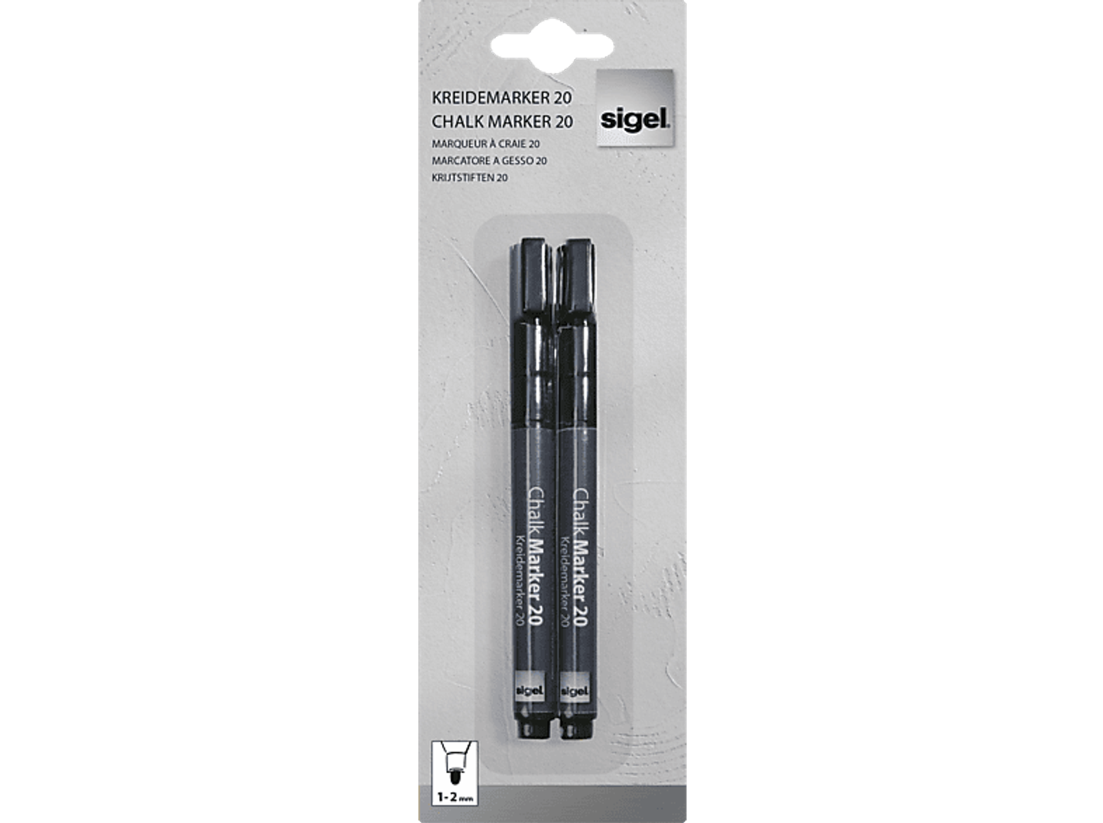 Zwei schwarze Kreidemarker in einer Klarsichtverpackung. Kreidemarker 20 ist auf der Vorderseite aufgedruckt.