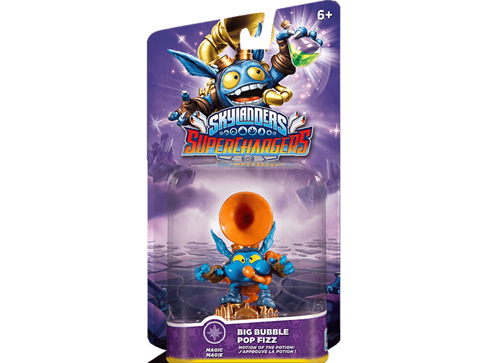 Eine Skylanders-Spielzeugverpackung mit einem Charakter, Big Bubble Pop Fizz, in blauem und lila Design.