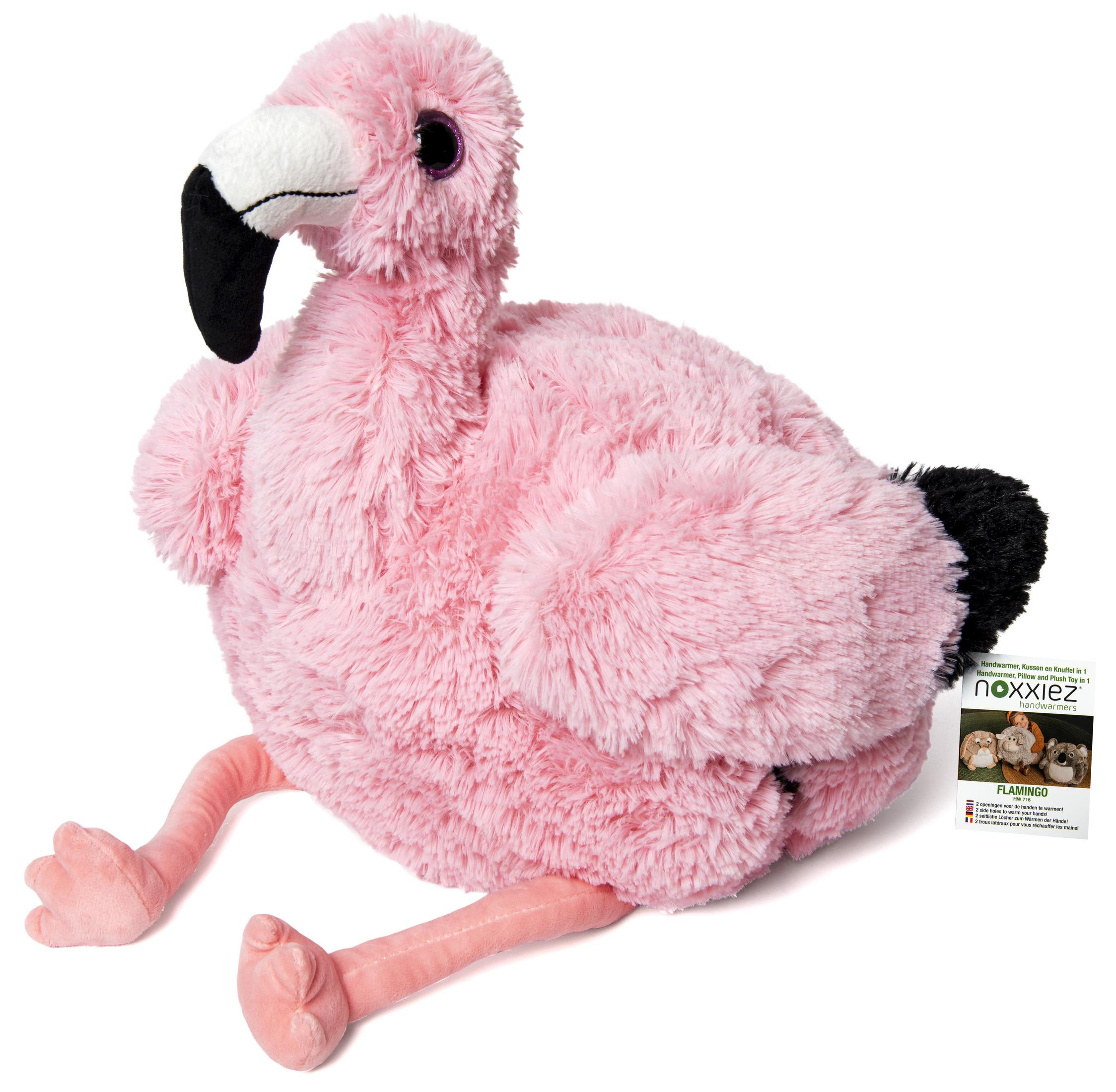 Rosa Flamingo-Plüschtier mit schwarzen Akzenten, weißer Hintergrund.