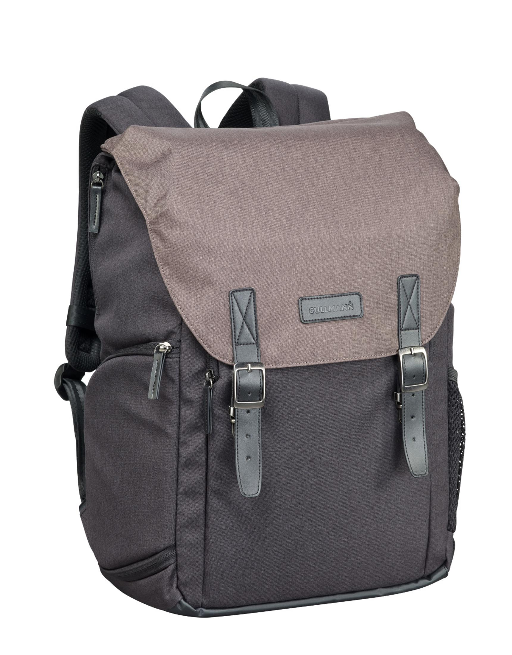 Schwarzer und grauer Rucksack mit Klappe und Schnallen.