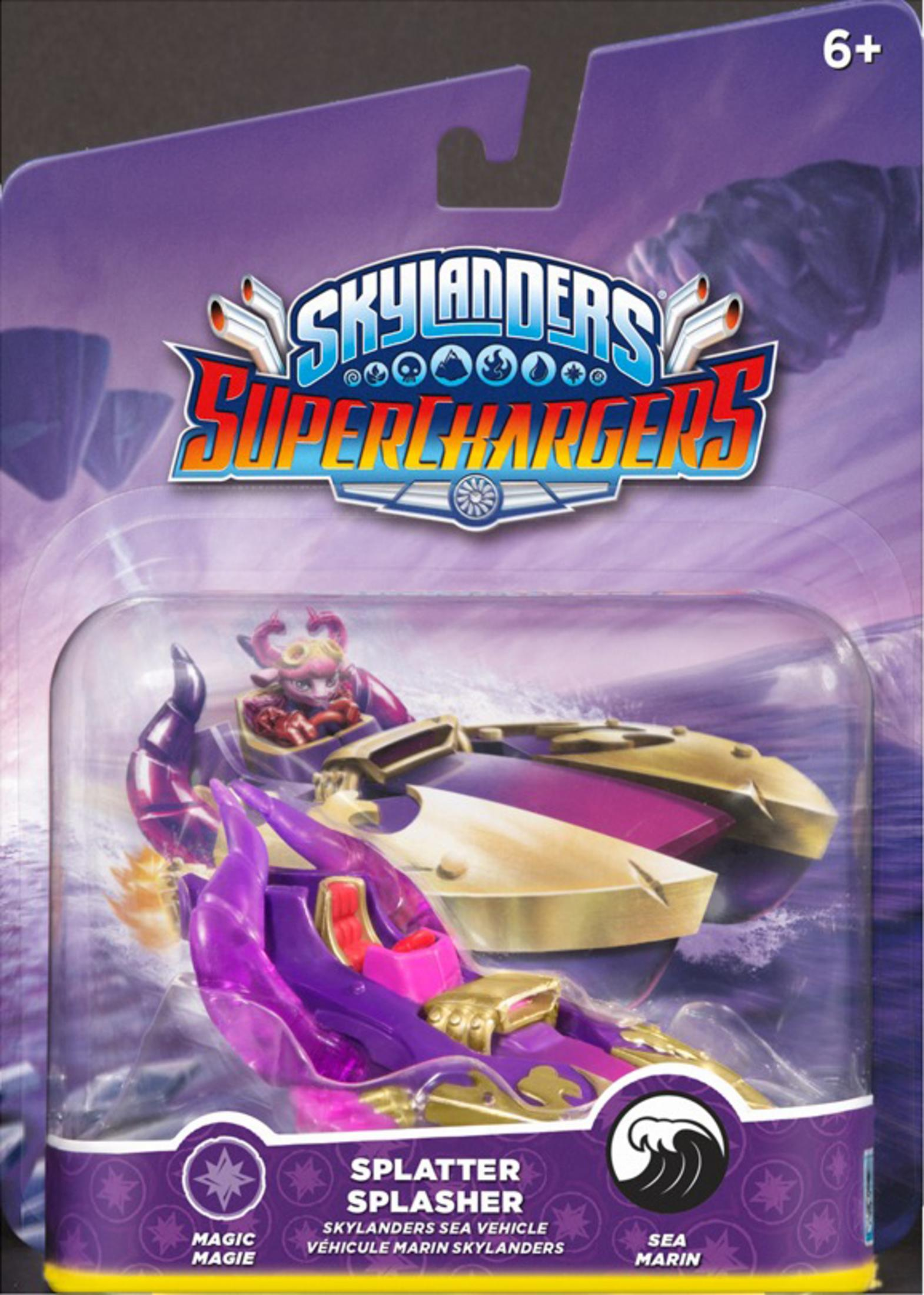 Zestaw z zabawkami Skylanders Superchargers. Pokazuje pojazd morski i postać w plastikowym opakowaniu.