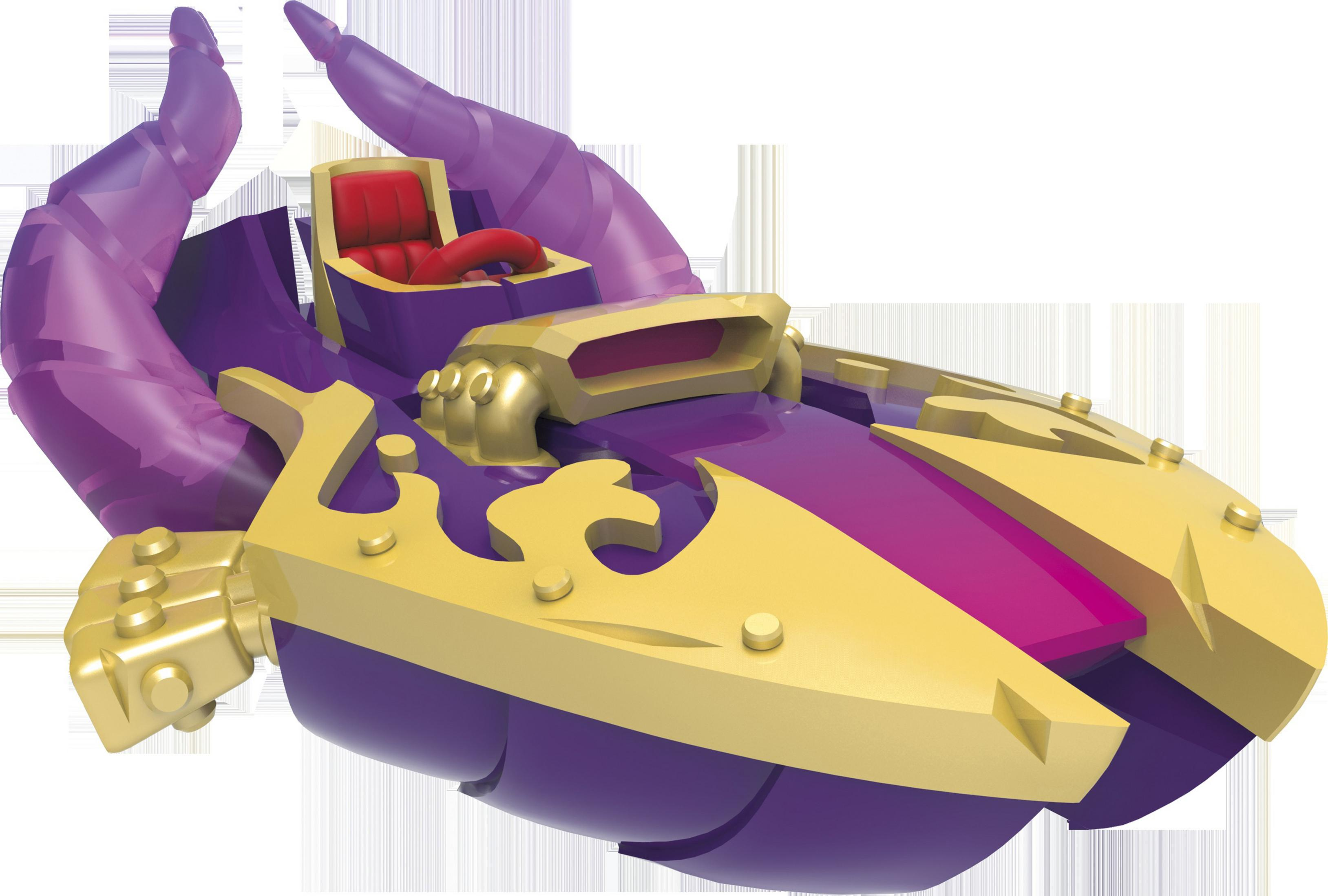 Fioletowo-złoty samochodzik z rogami, czerwonym siedzeniem i złożonym designem.