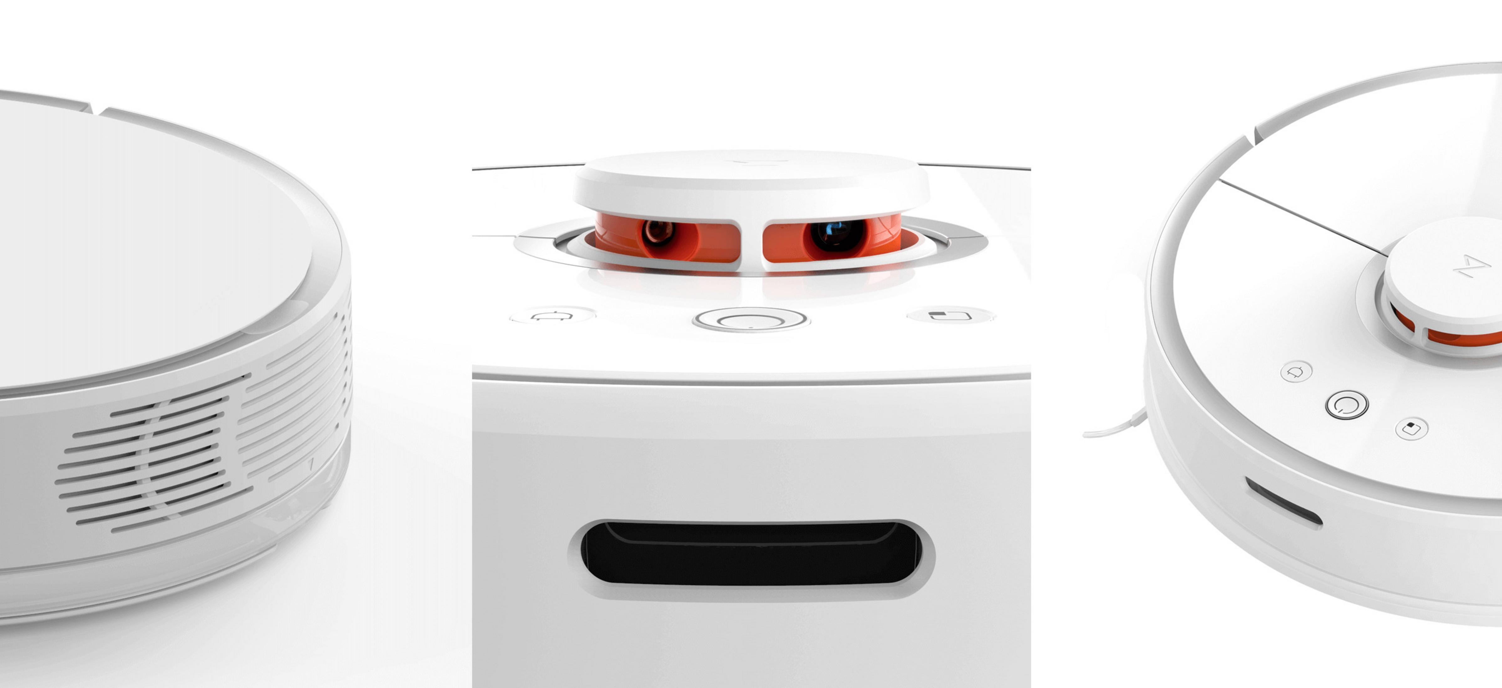 Nahaufnahmen eines weißen Roboter-Staubsaugers. Verschiedene Winkel zeigen Details.