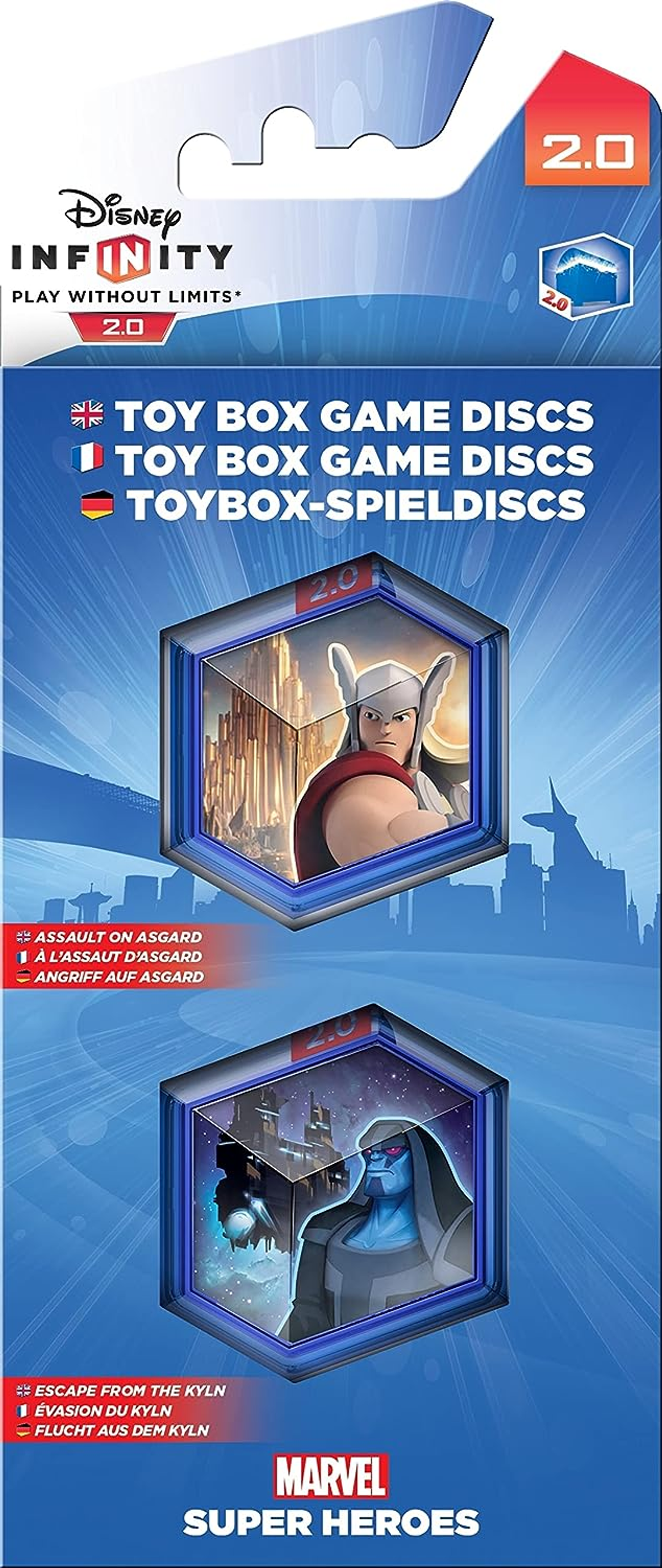 Disney Infinity 2.0 Spiel-Disc-Verpackung mit Thor und einem anderen Charakter auf blauem Hintergrund.