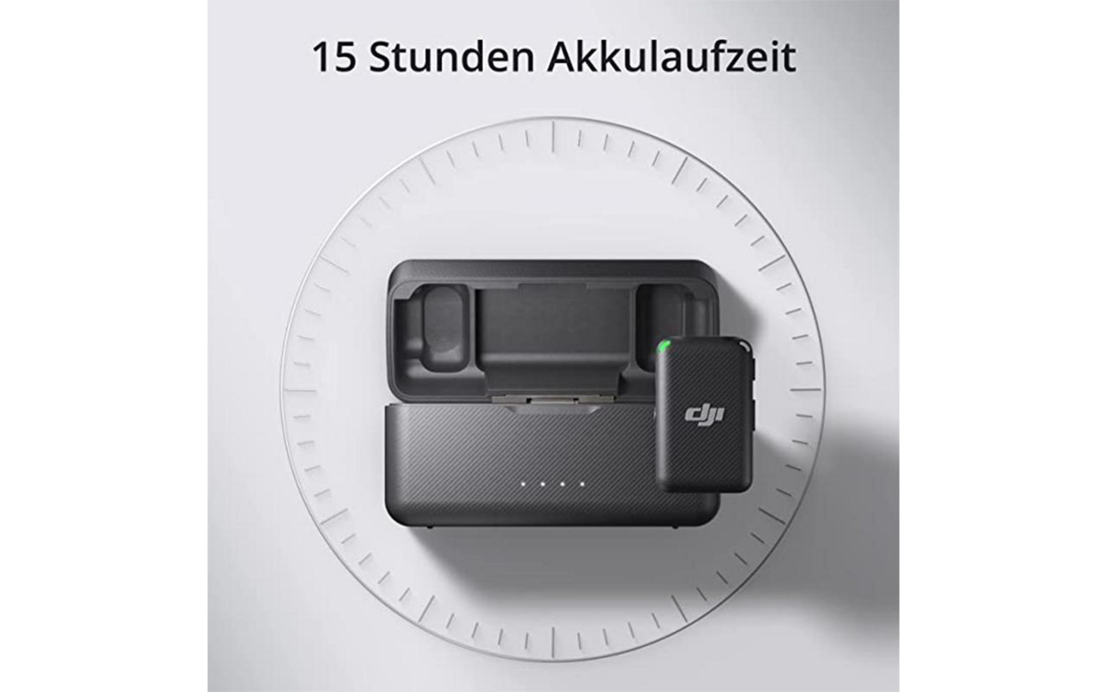 Dispositivo de audio inalámbrico y estuche de carga. El texto en la imagen dice '15 Stunden Akkulaufzeit'.