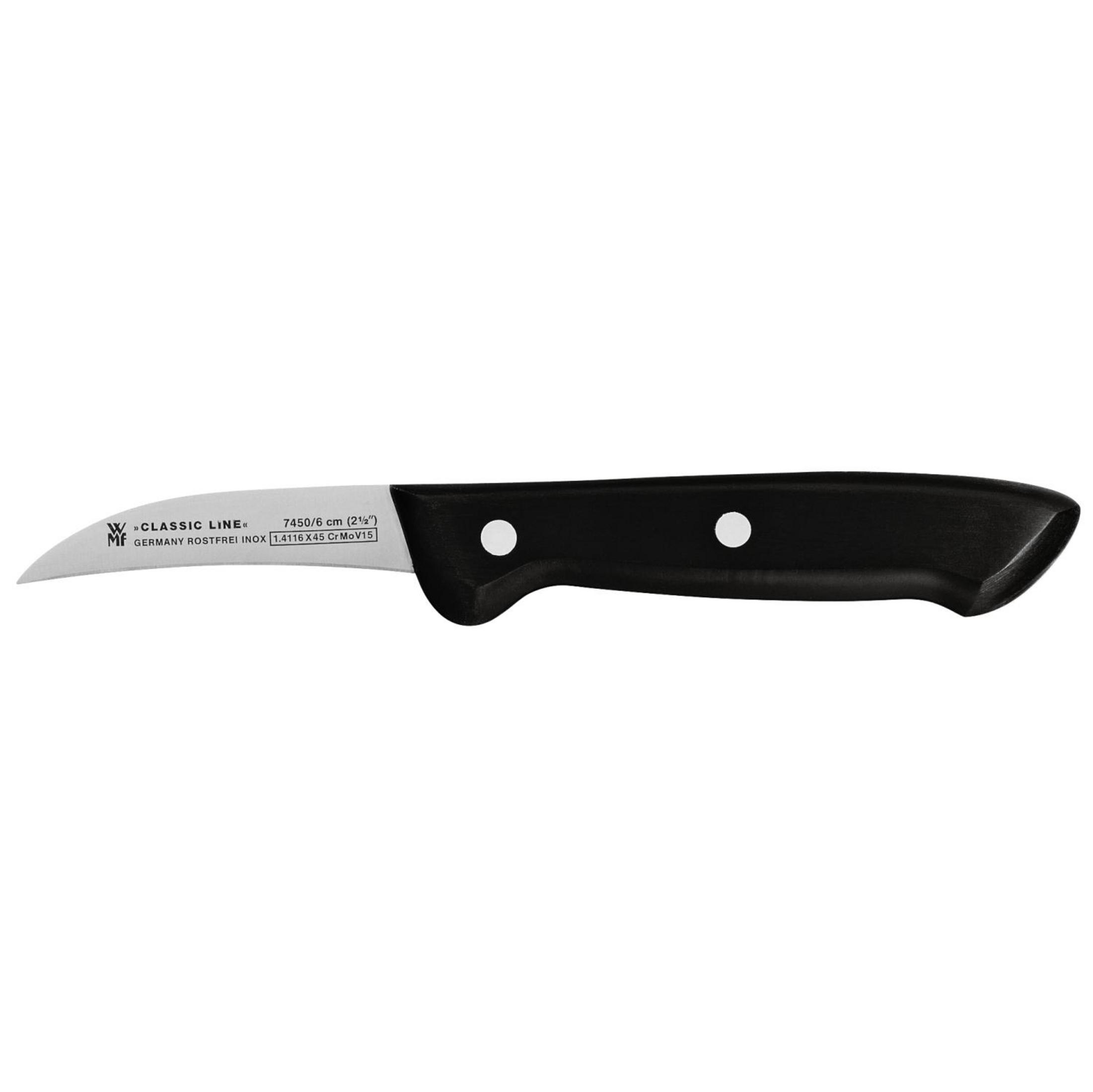 Kleines schwarzes Messer mit gebogener Klinge und schwarzem Griff mit zwei Nieten, liegt auf weißem Grund.