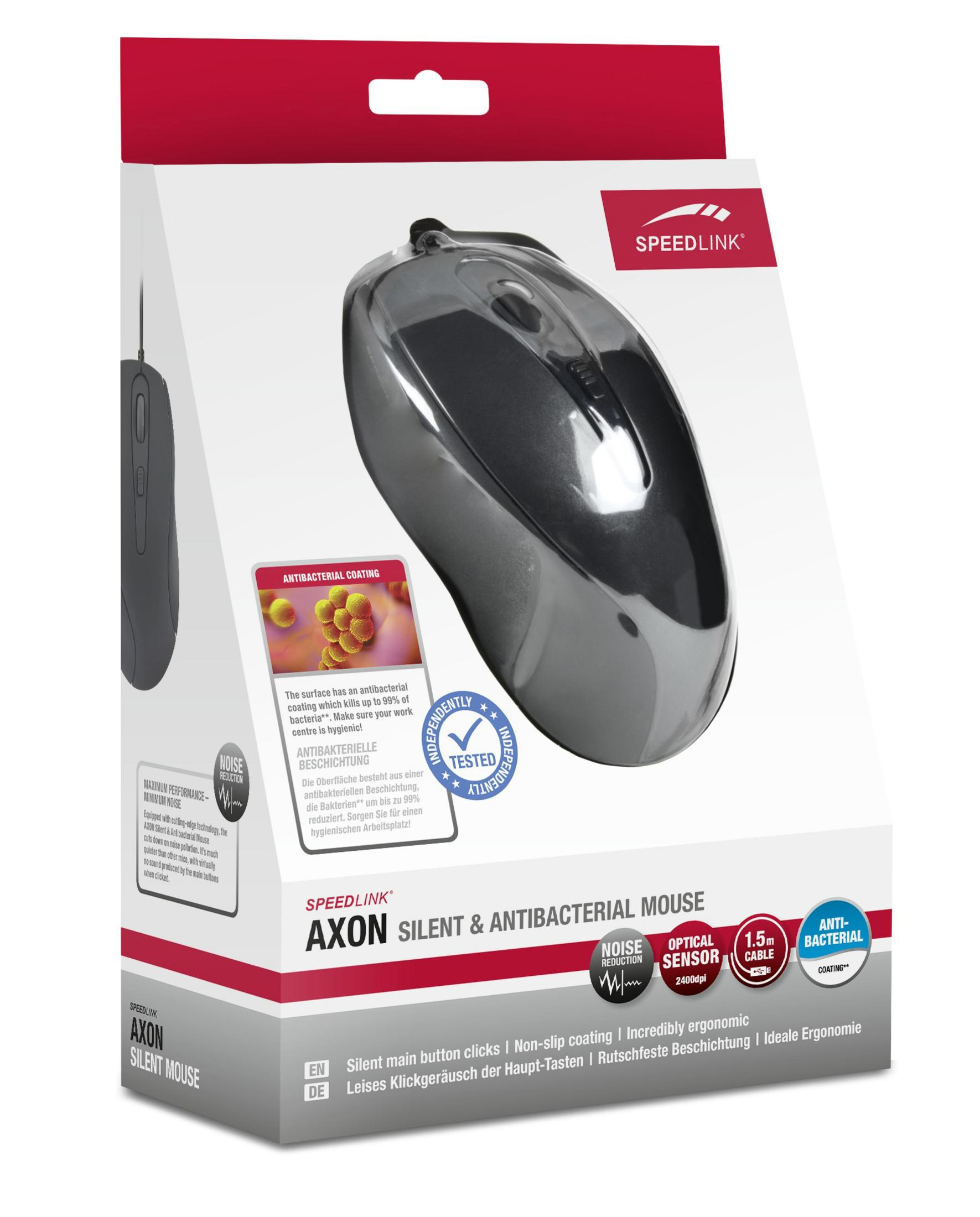 A white and gray mouse with a box, with text about antibacterial coating.