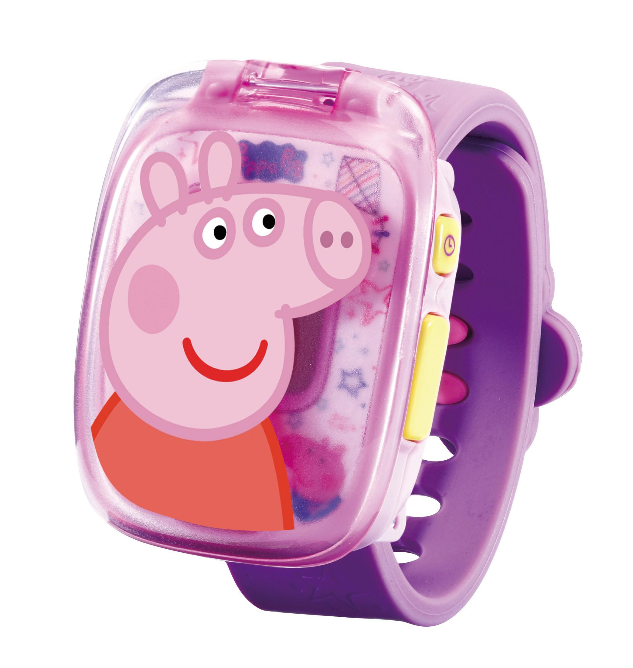 Eine rosa Peppa Wutz Uhr. Die Uhr hat ein rosa Armband und ein klares Gehäuse.